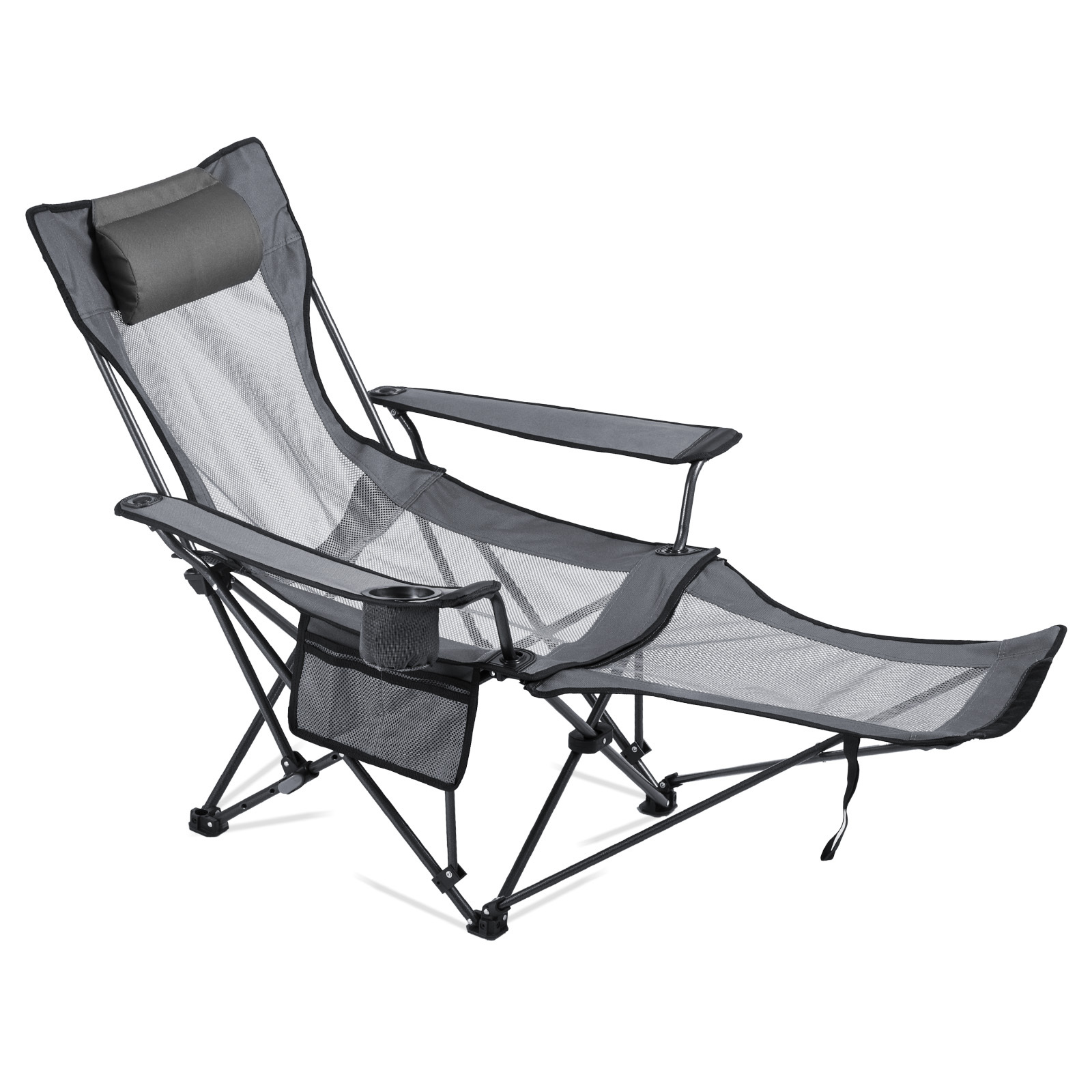 Image of Vevor Reclining Camping Chair, 4 Adjustable , Portable Folding Lounger For Adults, Mesh Beach Chair With Headrest & Foot Rest, Supports 220 Lbs, Heavy Duty Camp Chairs For Patio, Gray