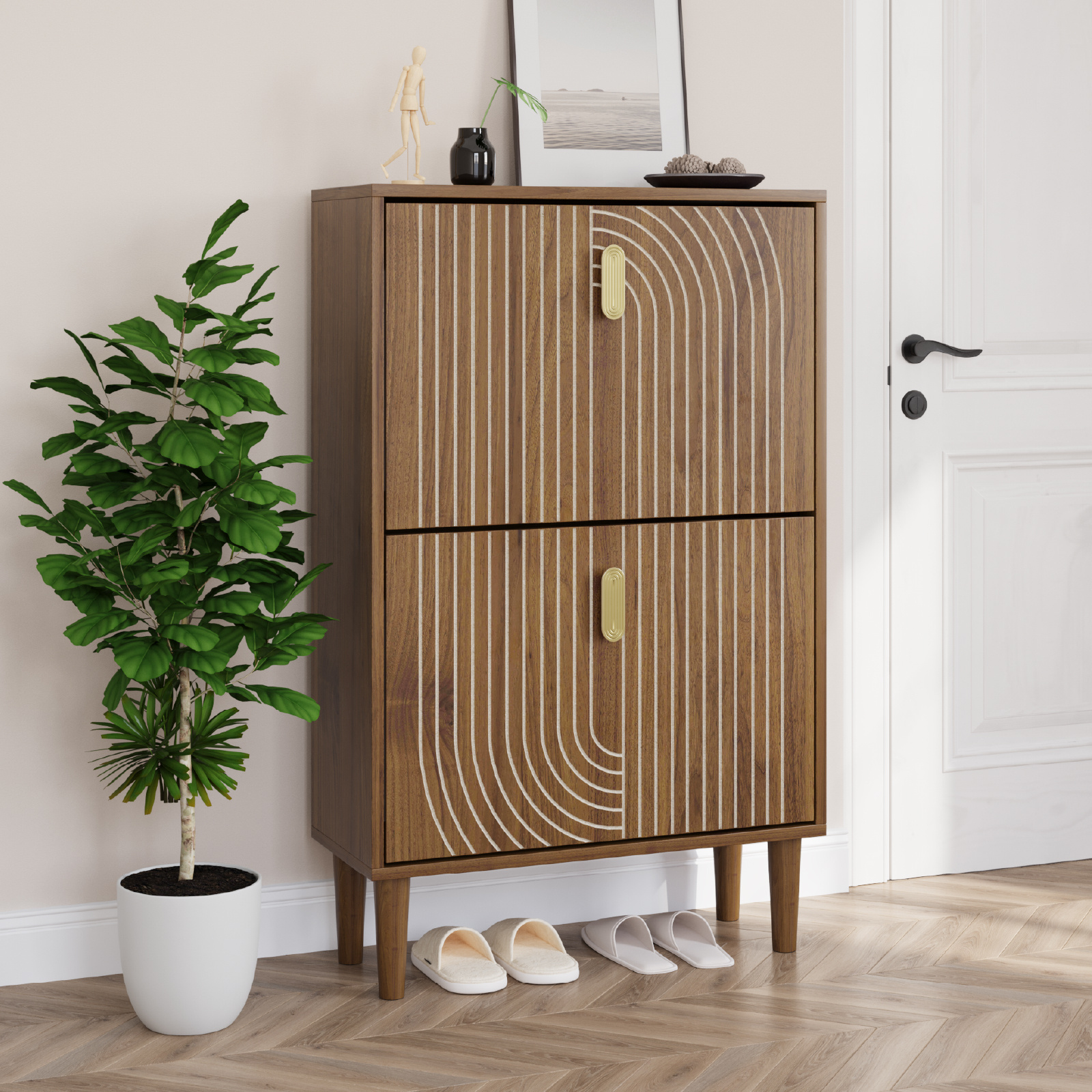 Shoe Cabinet, Shoe Storage Cabinet With -out Drawers, Linear Pattern, Entrance Cabinet, Narrow Shoe Cabinet, Walnut Color.