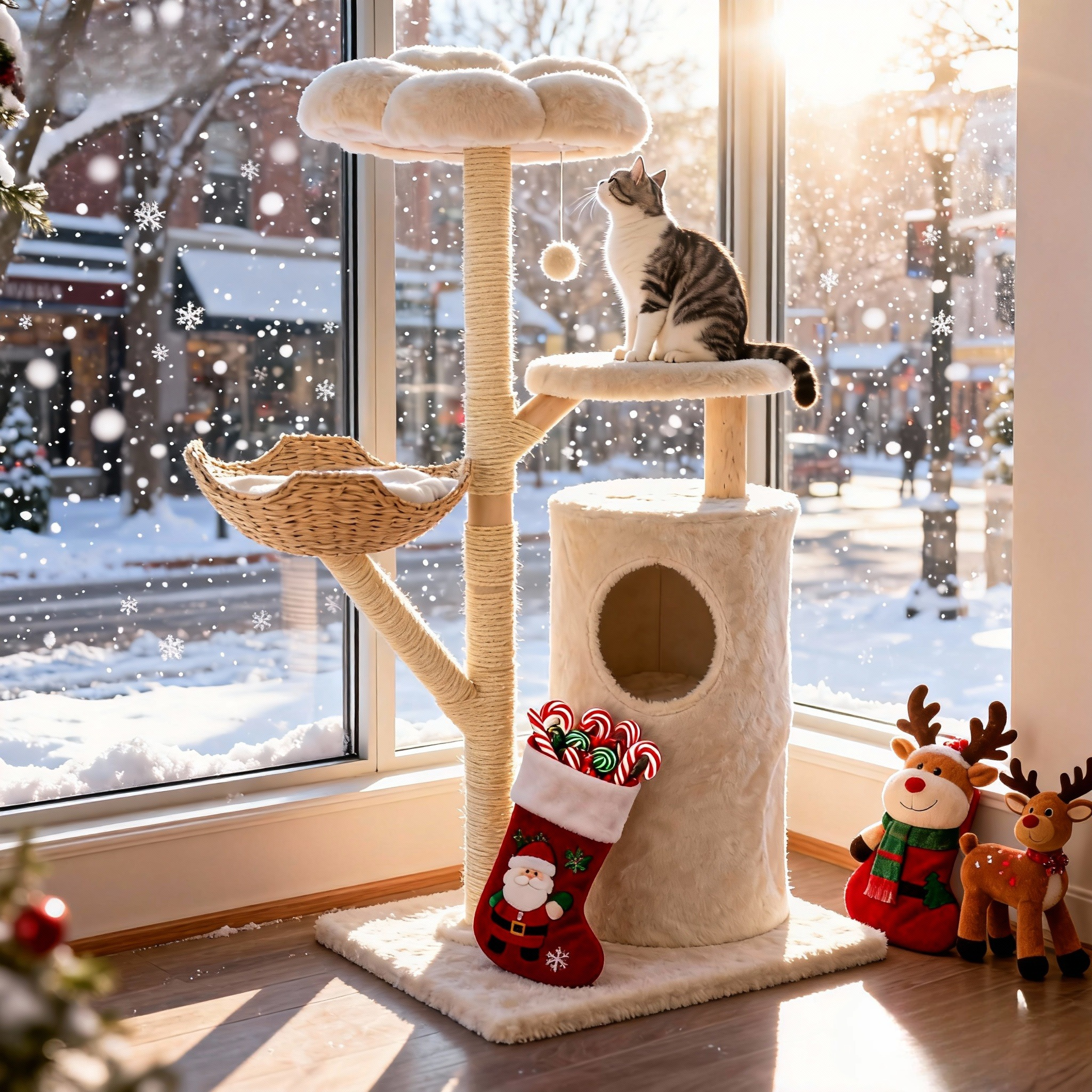 TEMU Multi-level Cat Tree Tower For Indoor Cats - Heavy-duty Dual-level Condo, Sisal Scratching Posts, Natural, Plush Bed - Sturdy Base, Ideal For