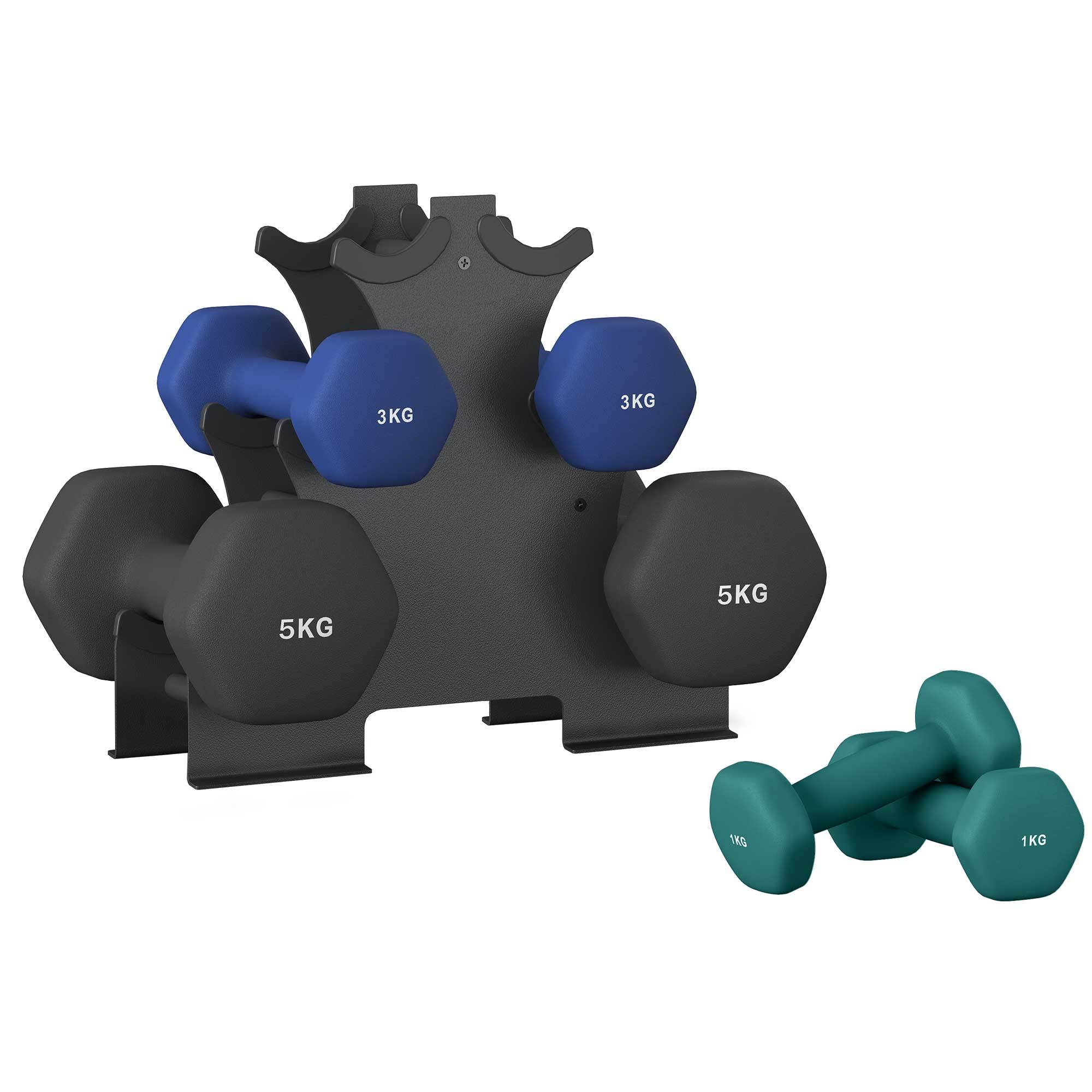 TEMU Kurzhantel Set, 2 x 1 kg, 2 x 3 kg, 2 x 5 kg, Hanteln mit Hantelständer, Neopren-Beschichtung, hellgrau, grün und rot