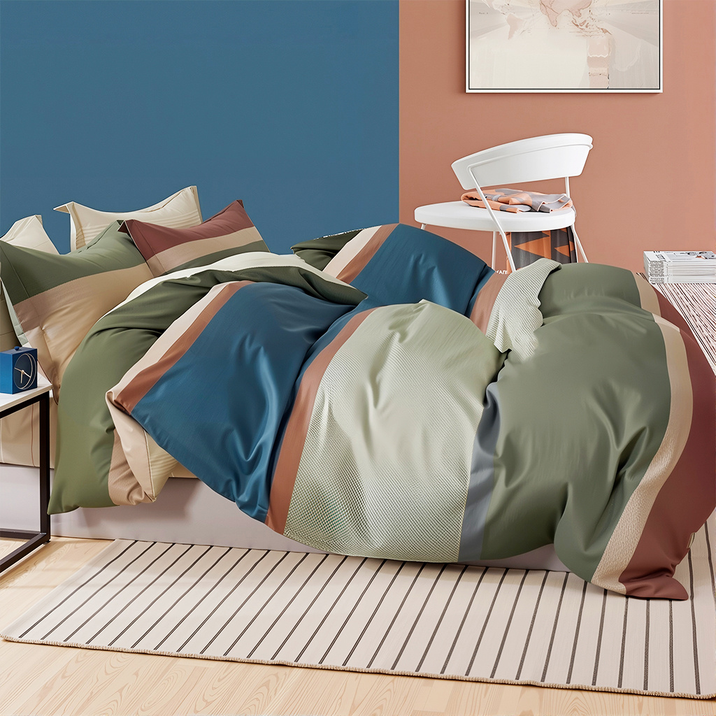 Image of Dark Green-navy Contrast Stripe 3-piece Bedding Set: Wide Stripe & Textured Design - Bedding For Industrial Bedrooms