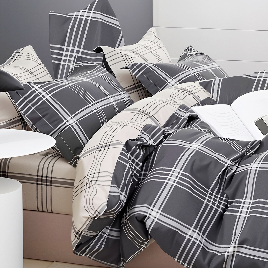 Dual-tone Gray & Beige 3pcs Bedding Set: Contrast Grid Pattern With , Clean Line Accents - Versatile Bedding For Modern Minimalist Spaces