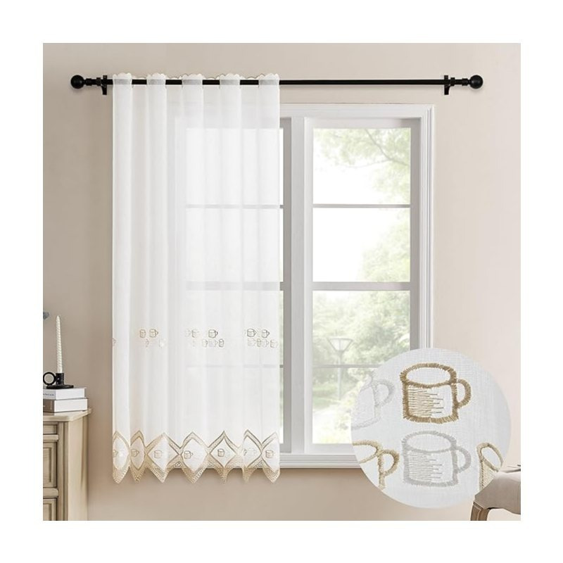 TEMU Cortina Cocina 105x 140 cm, Visillo Cocina con Bordados Transparente un Panel 105 x 140 cm (Ancho por Largo),Taza de café