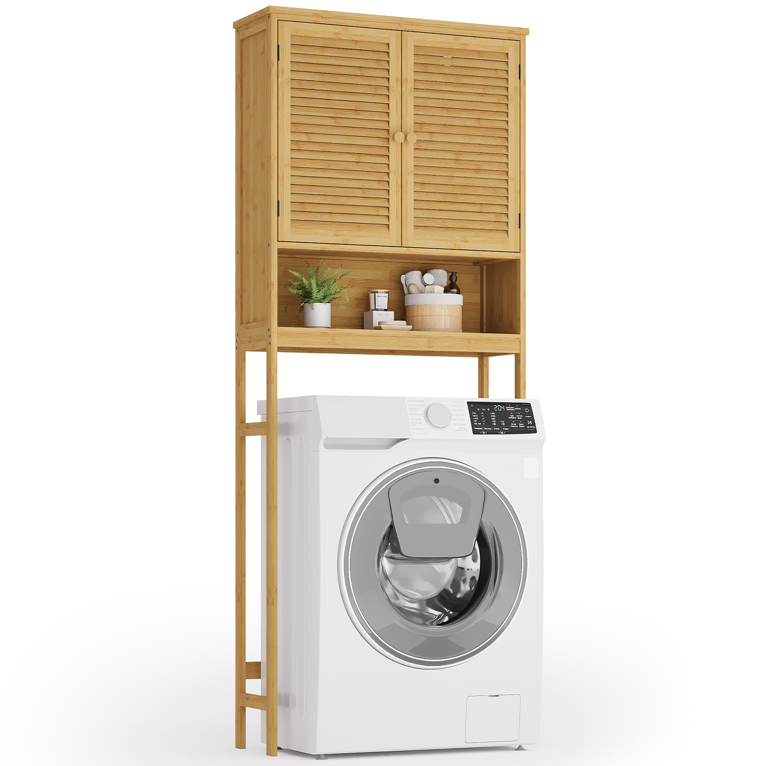 Washing Machine Cabinet | 66x23x170 Cm | Natural Wood | With Tilt Lock & Adjustable Shelves | Coree
