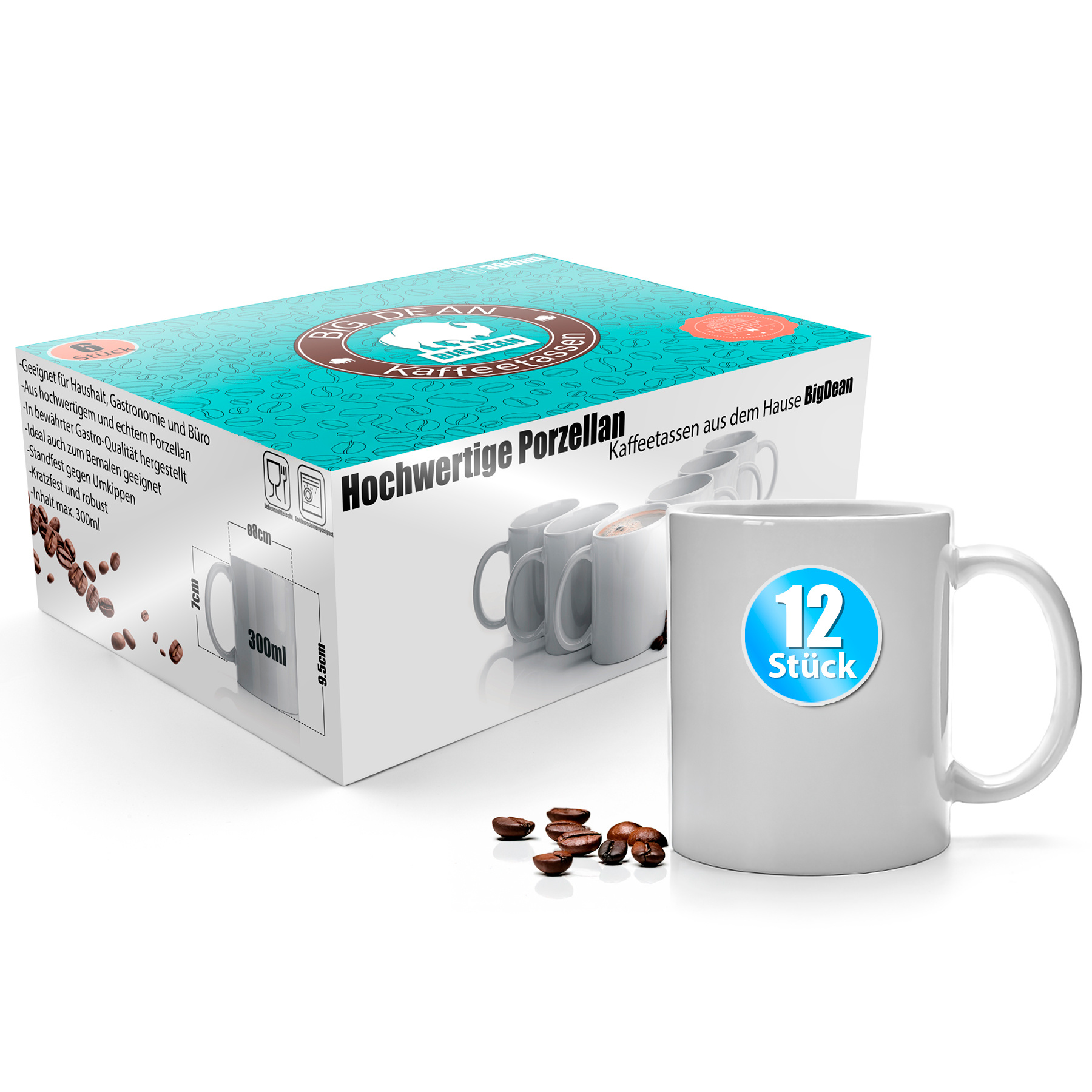 Bigdean 12pcs White Coffee Cups 300ml - High-quality Porcelain Coffee Mugs In Gift Packaging