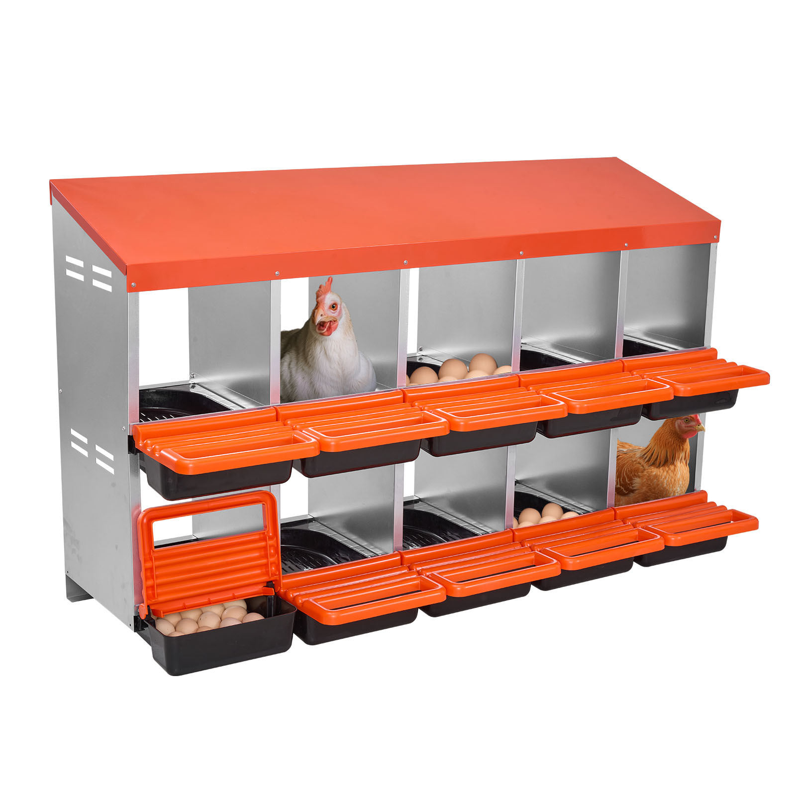 Vevor 2 Tiers Chicken Nesting Boxes, 10 Compartments, Metal Egg Laying Boxes With Protective Collection Lids, Roll Out Nesting Box, Easy To Assemble, Ideal For Hens, Ducks, Chickens, And Other Poultry