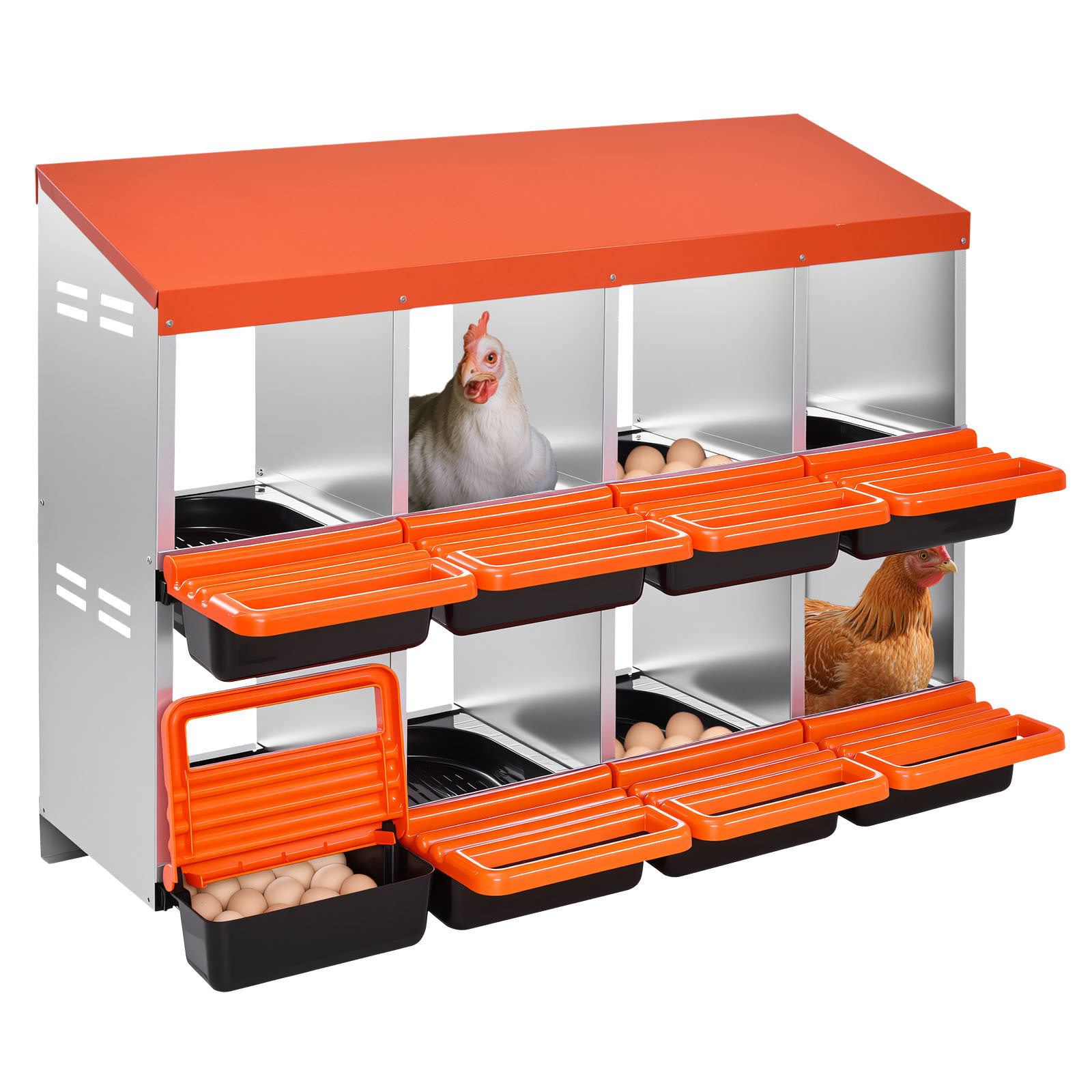 Image of Vevor 2 Tiers Chicken Nesting Boxes, 8 Compartments, Metal Egg Laying Boxes With Protective Collection Lids, Roll Out Nesting Box, Easy To Assemble, Ideal For Hens, Ducks, Chickens, And Other Poultry