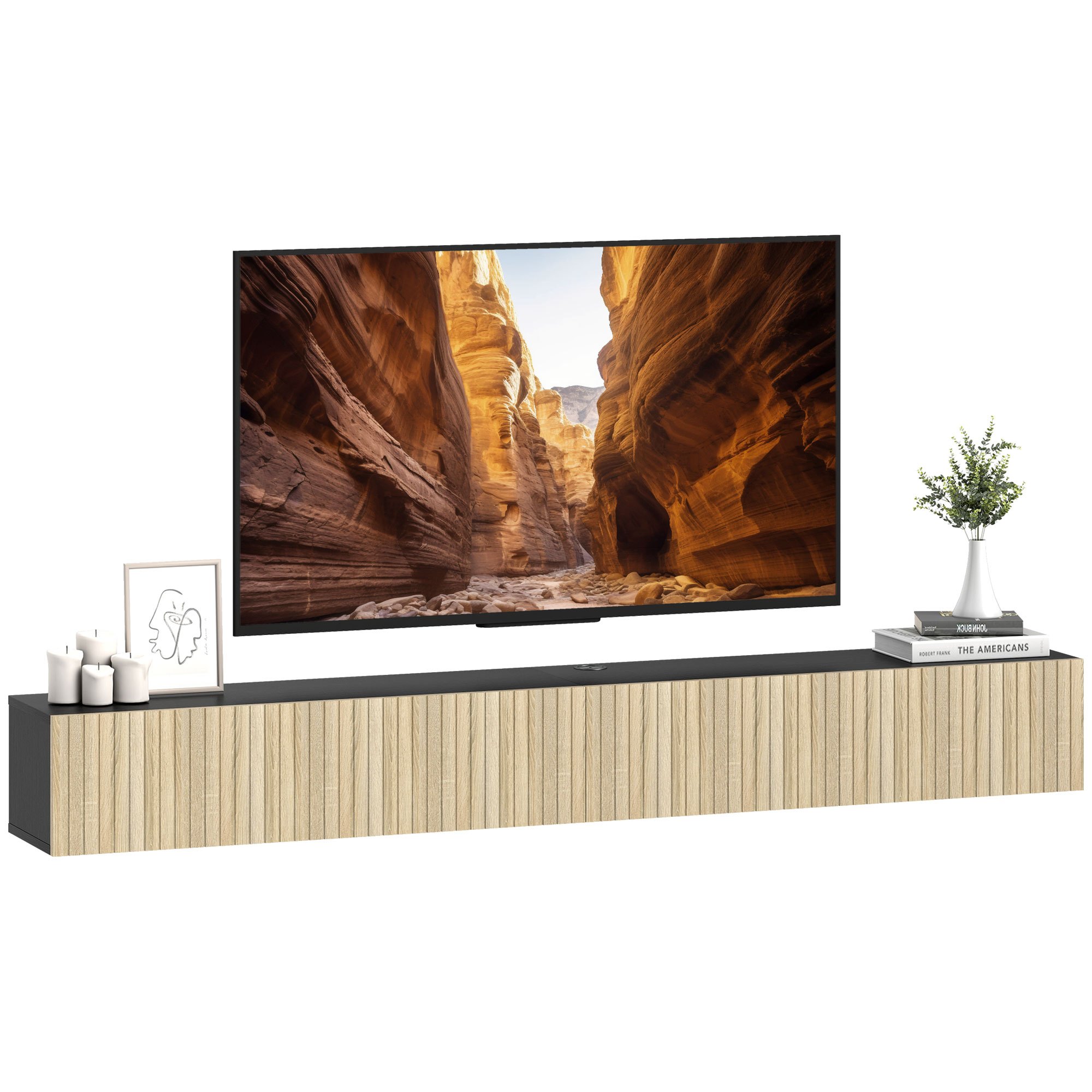 Image of Homcom Floating Tv Stand 140 Cm, Wall-mounted Tv Cabinet For Tvs Up To 72 Inches With 2 Flush-mounted Folding Doors, For Living Room, Bedroom, Natural Wood And Black