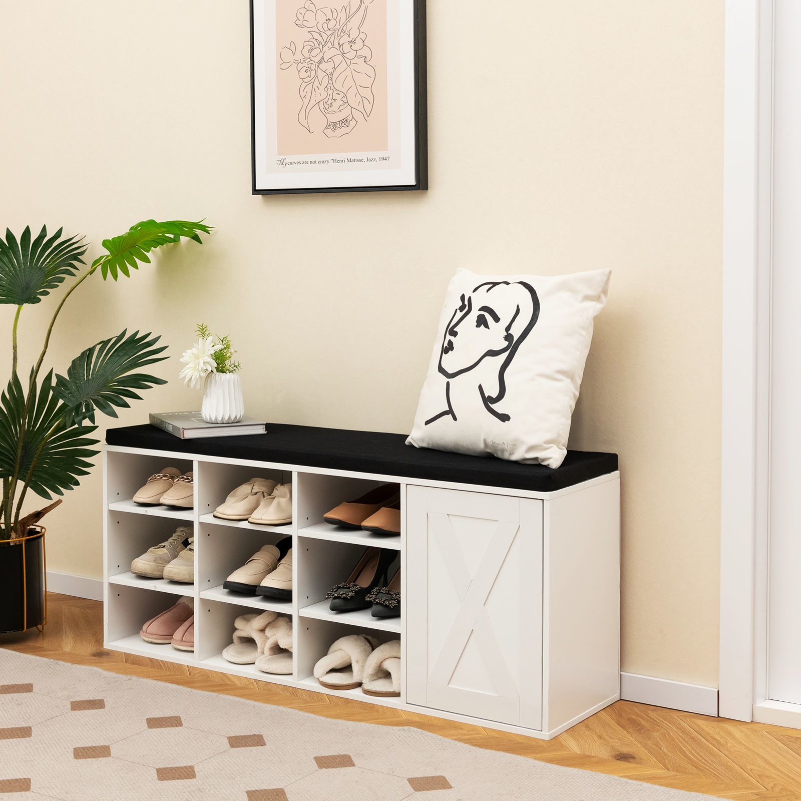 Image of Shoe Storage Bench With Padded Cushion, 3-tier Entryway Bench With 9 Compartments, Adjustable Shelves, Closet