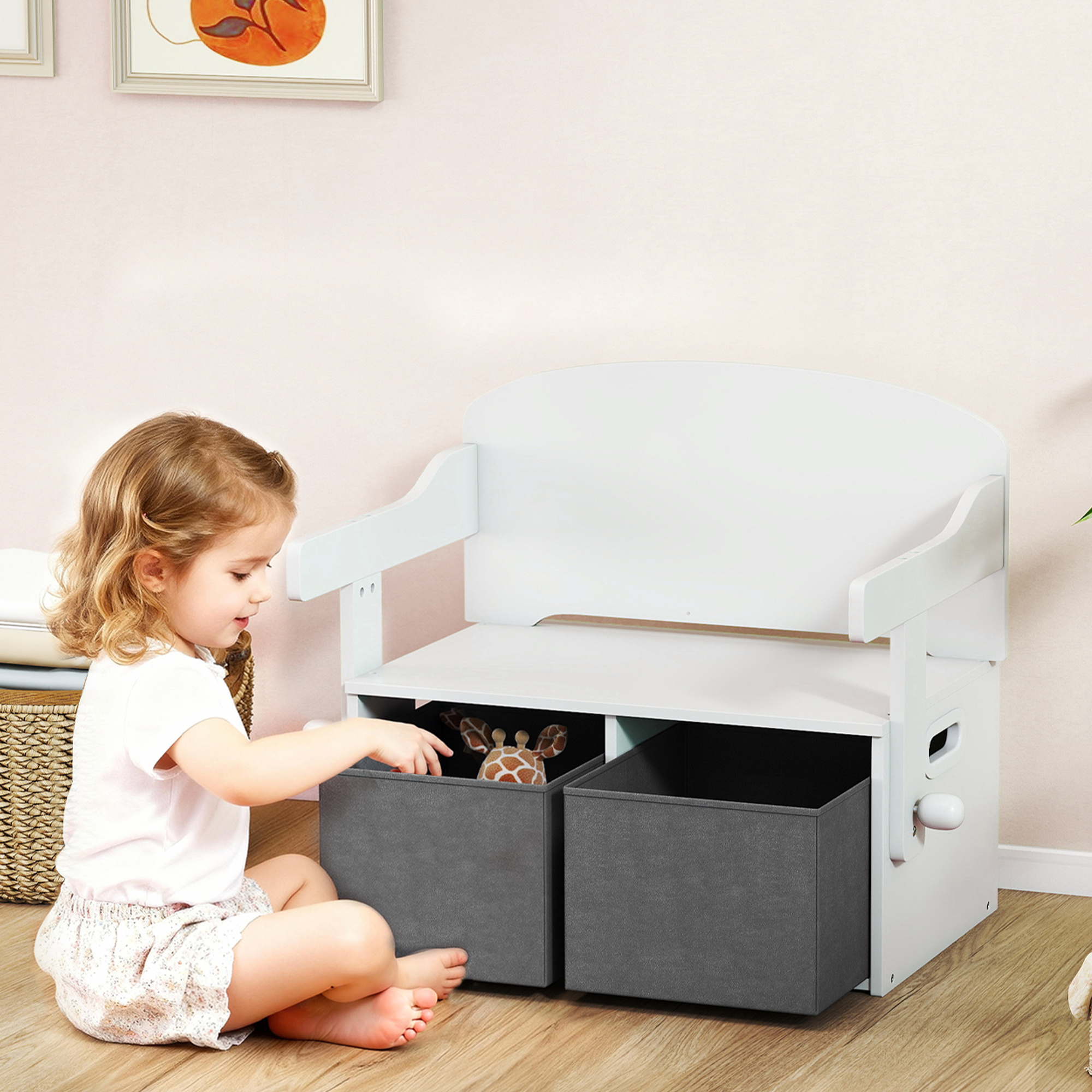 TEMU 3 In 1 Kids Storage Bench, Children Table And Chair Set With 2 Removable Fabric Bins, Convertible Toy Storage Box For Living Room, Playroom,