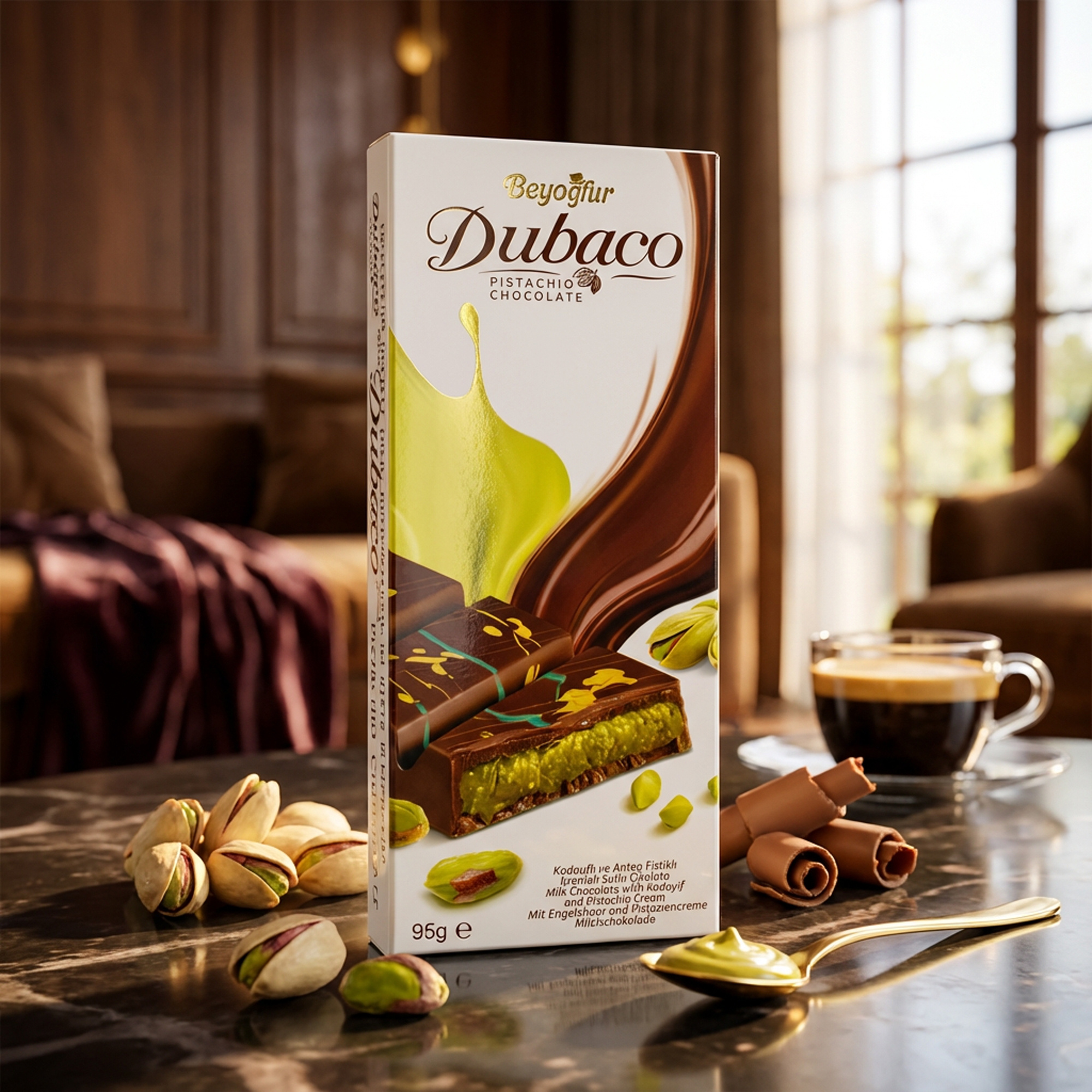 Dubaco Pistachio Chocolate - Milk Chocolate With Kadaif & Pistachio Cream 95 G - Oriental Chocolate Delight
