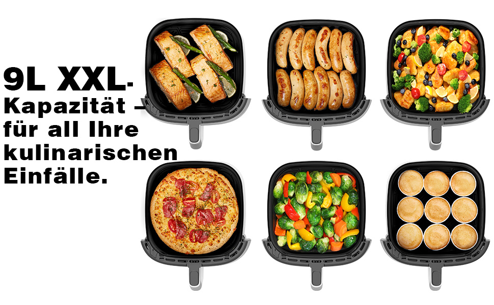 Hot Air Fryer 9L Airfryer XL - Olievrije Friteuse met Metalen Binnenkamer, Hot Air Friteuse, 9 Programma's, Digitaal LED Display