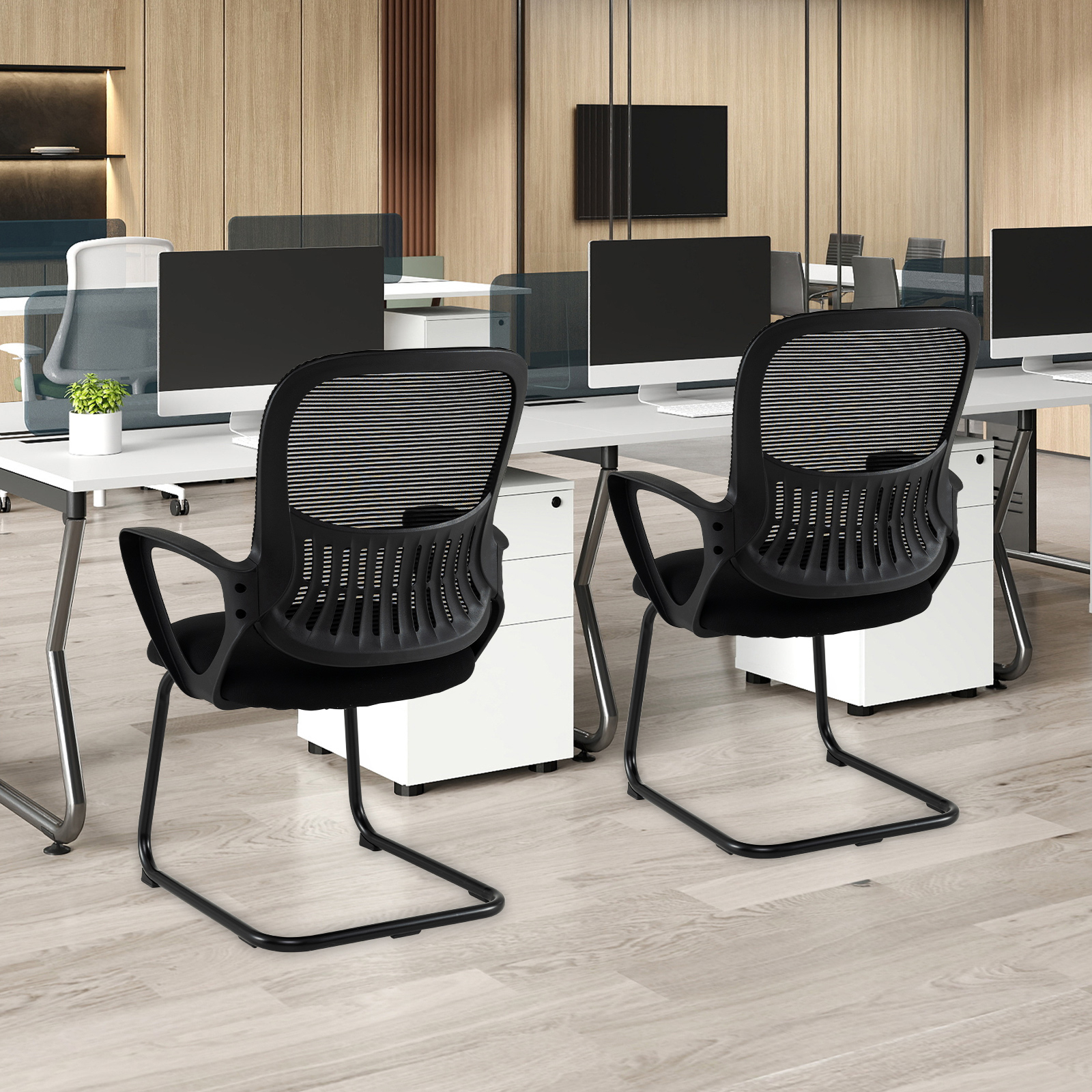 Image of Set Of 2 Breathable Mesh Office Chair, Reception Chairs With Upholstered Seat, Metal Frame, Wheelless Visitor Chair