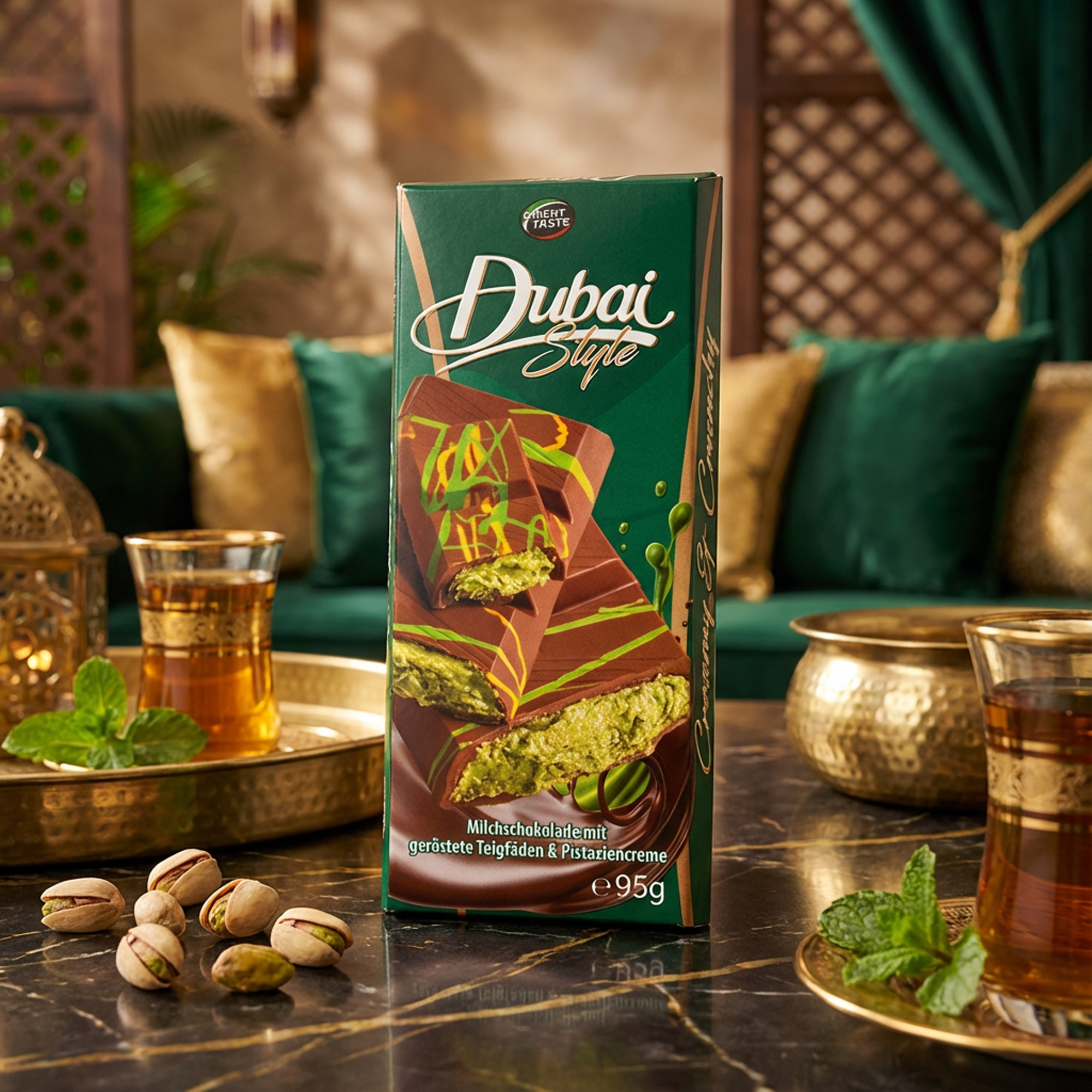Dubai Style – Milk Chocolate With Roasted Dough Strands & Pistachio Cream, 95 G