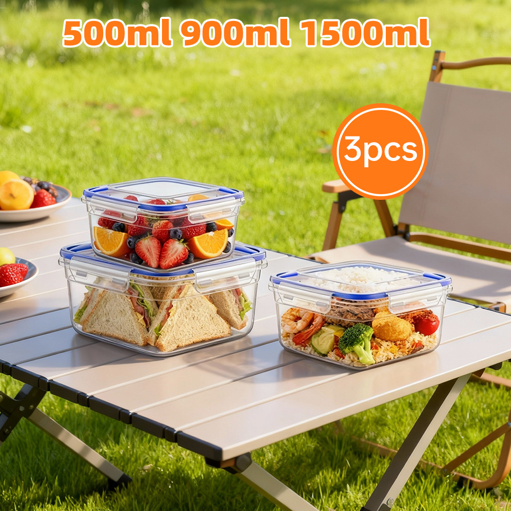 TEMU 1 Set de 3 recipientes de almuerzo plásticas transparentes selladas, Almacenamiento de alimentos de cocina , 500-900-1500Ml, sellada para