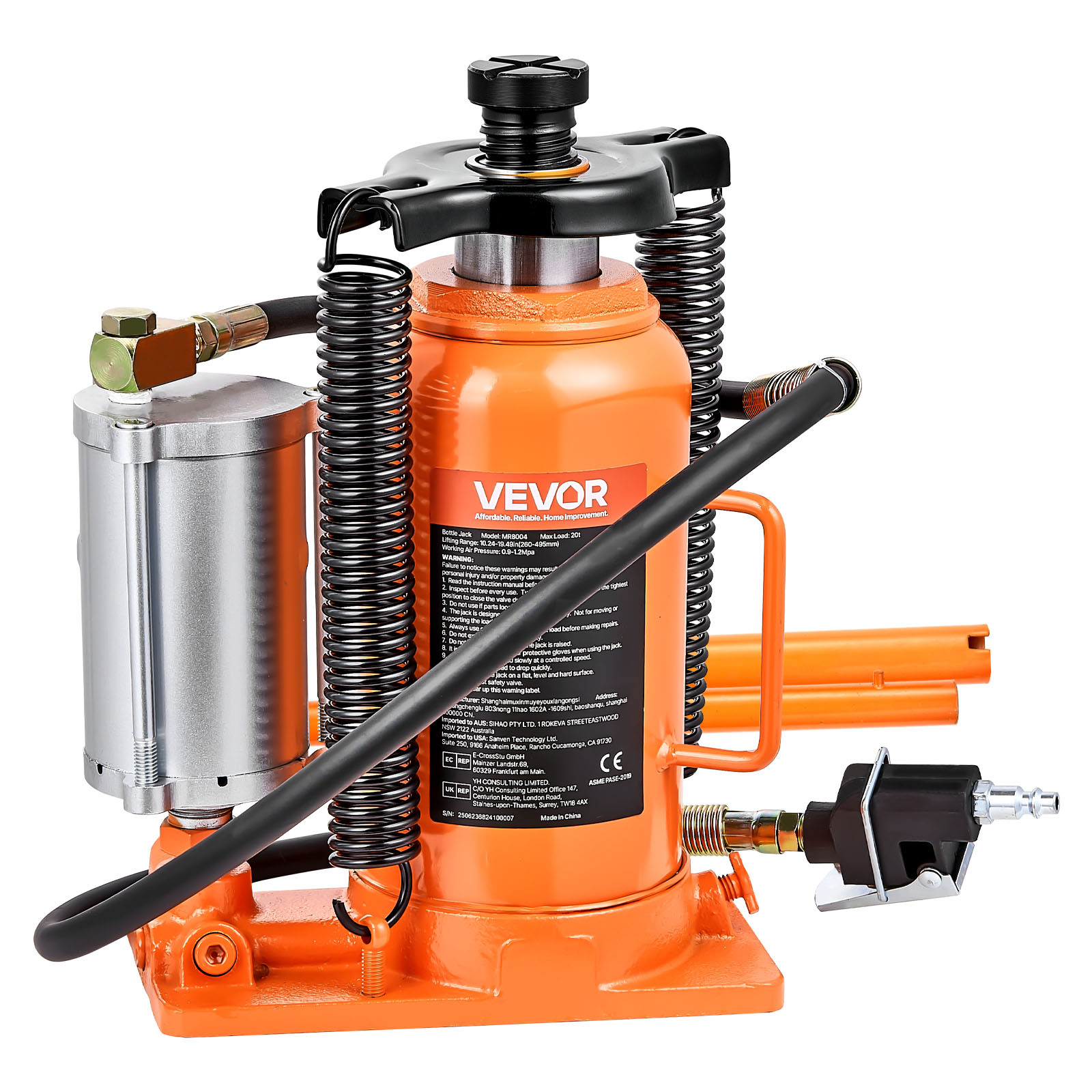 Image of Vevor Air Hydraulic Bottle Jack, (44092 Lbs) Capacity, 260-495 Mm Lifting Range, Pneumatic/manual Heavy Duty Welded Bottle Jack With Pump For Suv, Pickup, Truck, Rv, Car Auto Repair, Orange