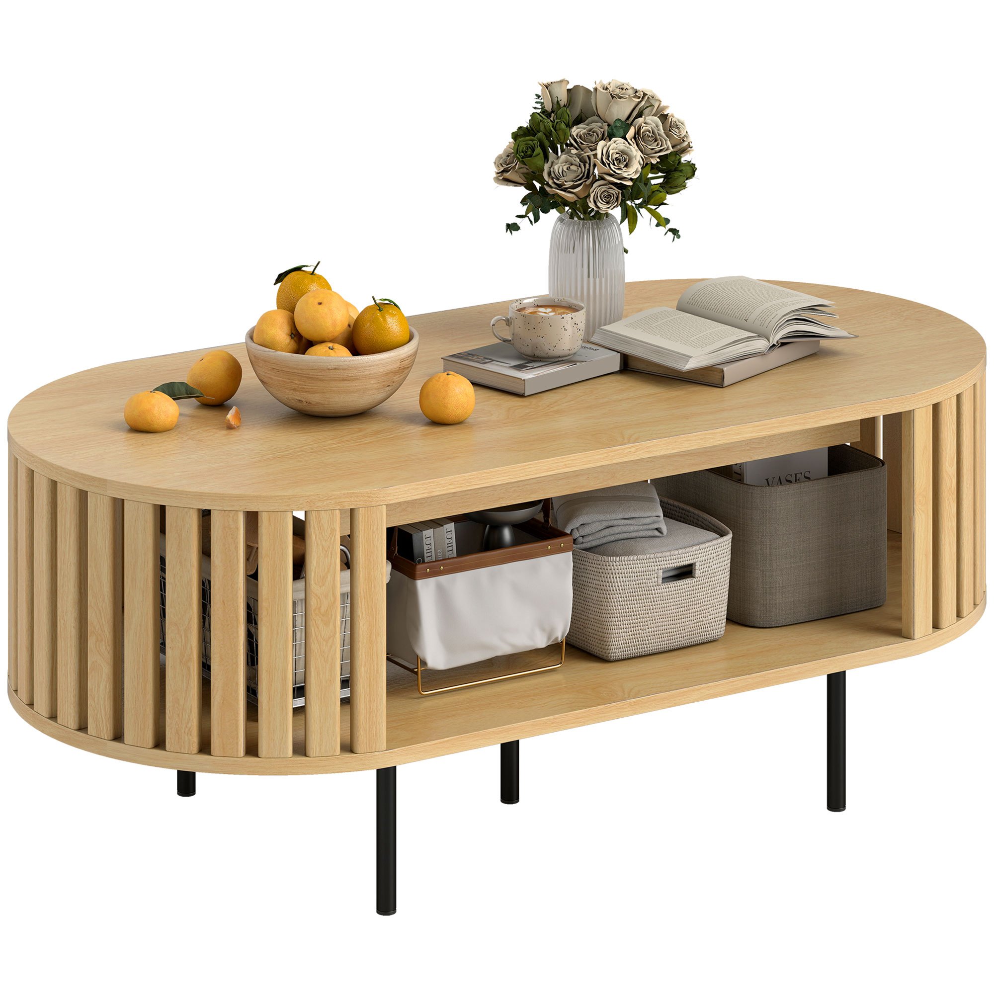 TEMU HOMCOM Table basse ovale, table de salon avec rangement, arrondis, design lattes, pieds en acier, style nordique, pour salon, bureau, 100 x 50 x