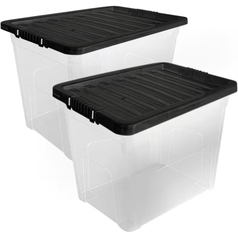 TEMU 80l Plastic Storage Boxes, Set Of 2 Black Stackable Containers, With Lids, Multipurpose Organiser For Home And Office, 57x40x40cm
