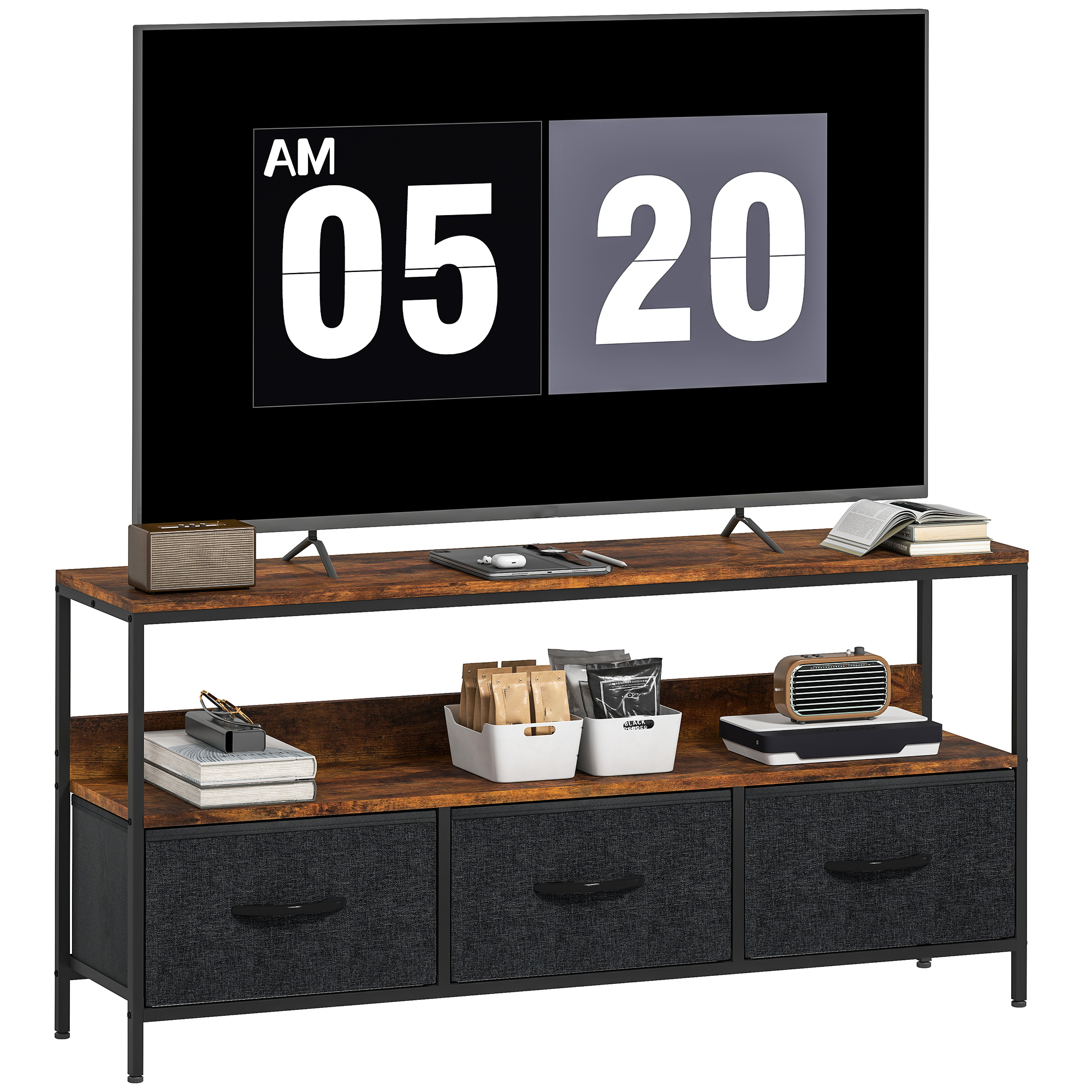 TEMU HOMCOM Meuble TV 120 cm, meuble télé pour téléviseur jusqu'à 55 pouces avec 1 étagère, 3 tiroirs pliables et pieds en acier, banc TV pour salon,