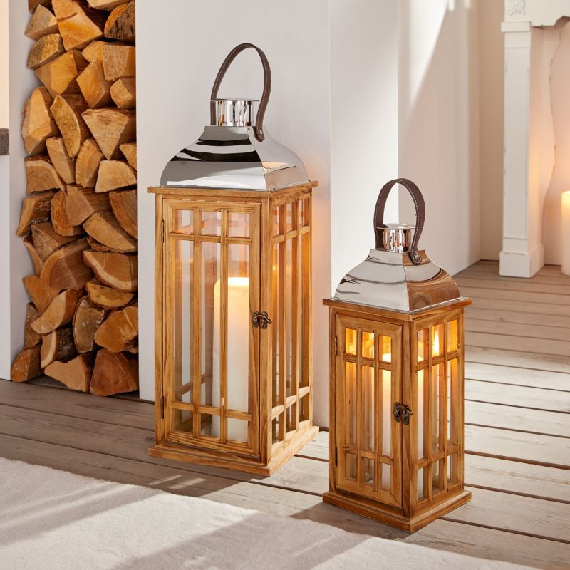 Image of Lantern "wood" Made Of Wood And Glass, 60 Cm High, Wooden Lantern With Handle And Metal Roof, Windproof, Floor Lantern, Candle Lantern
