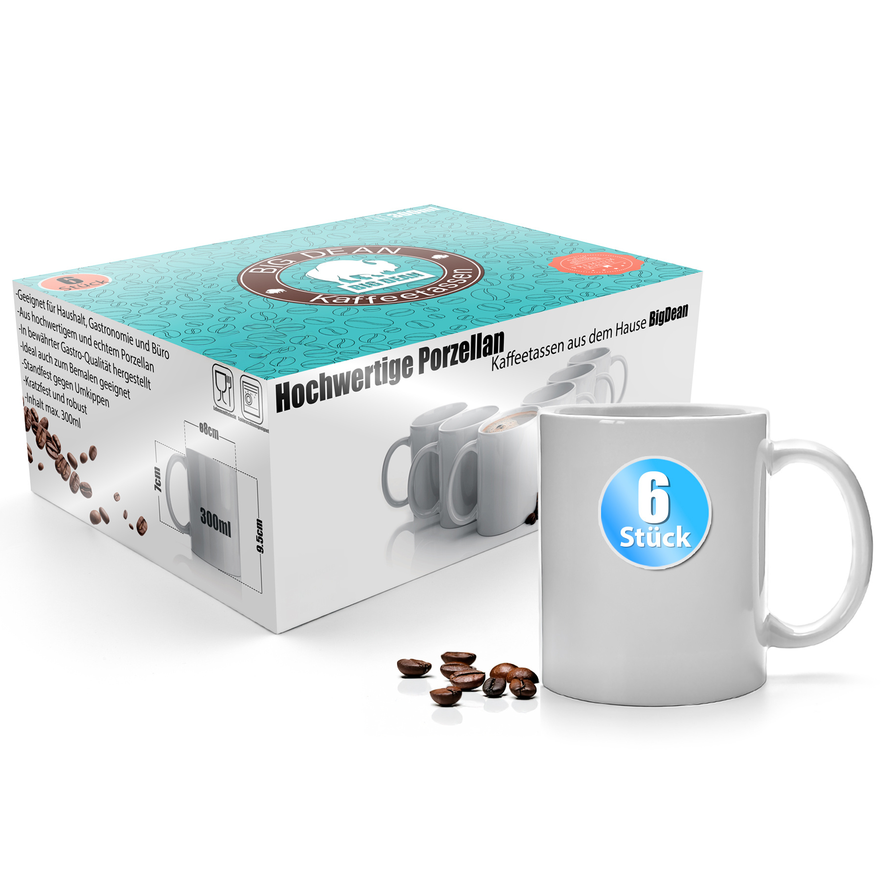 Image of Bigdean 6pcs White Coffee Cups 300ml - Coffee Cups Made Of High-quality Porcelain In Gift Packaging