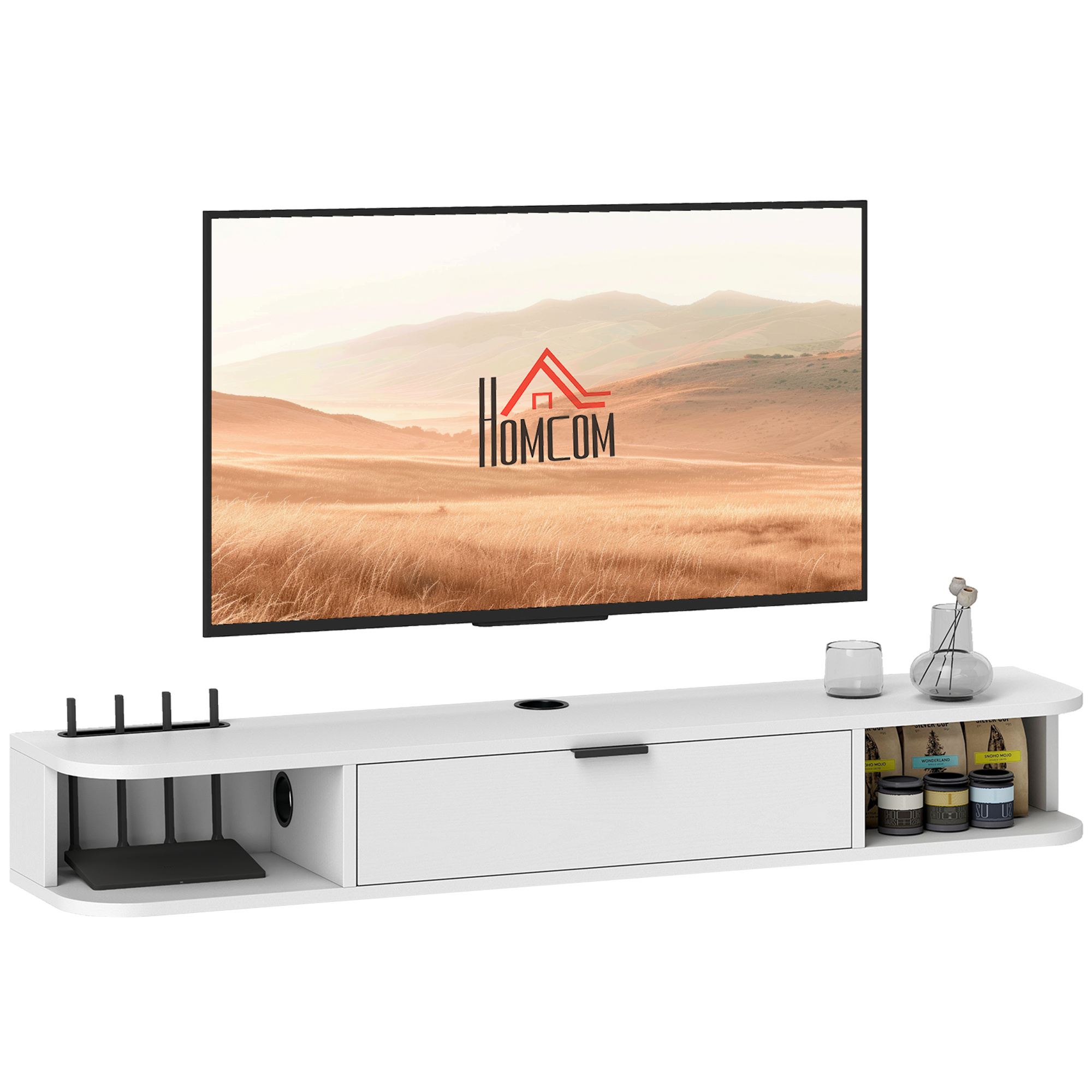 Image of Homcom Wall-mounted Tv Stand 120 Cm, Tv Furniture For Tvs Up To 50 Inches, Foldable Drawer, 2 Open Shelves, And Cable Management, Bench For Living Room, White