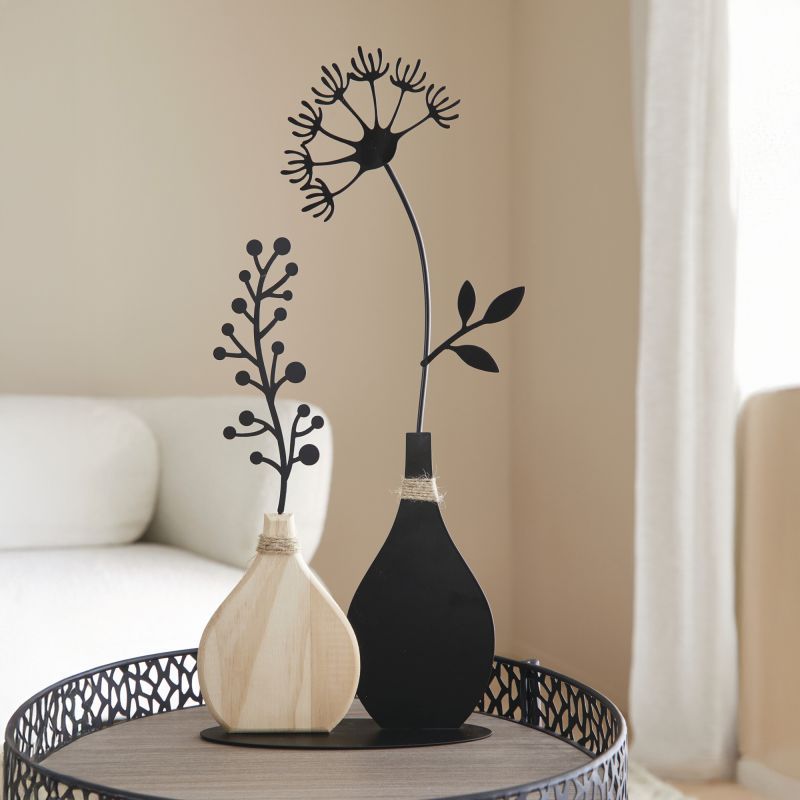 Image of Decorative Object "vase" Made Of Metal, Black & Wood, 49 Cm High, Table Decoration, Metal Decoration, Decorative Figure