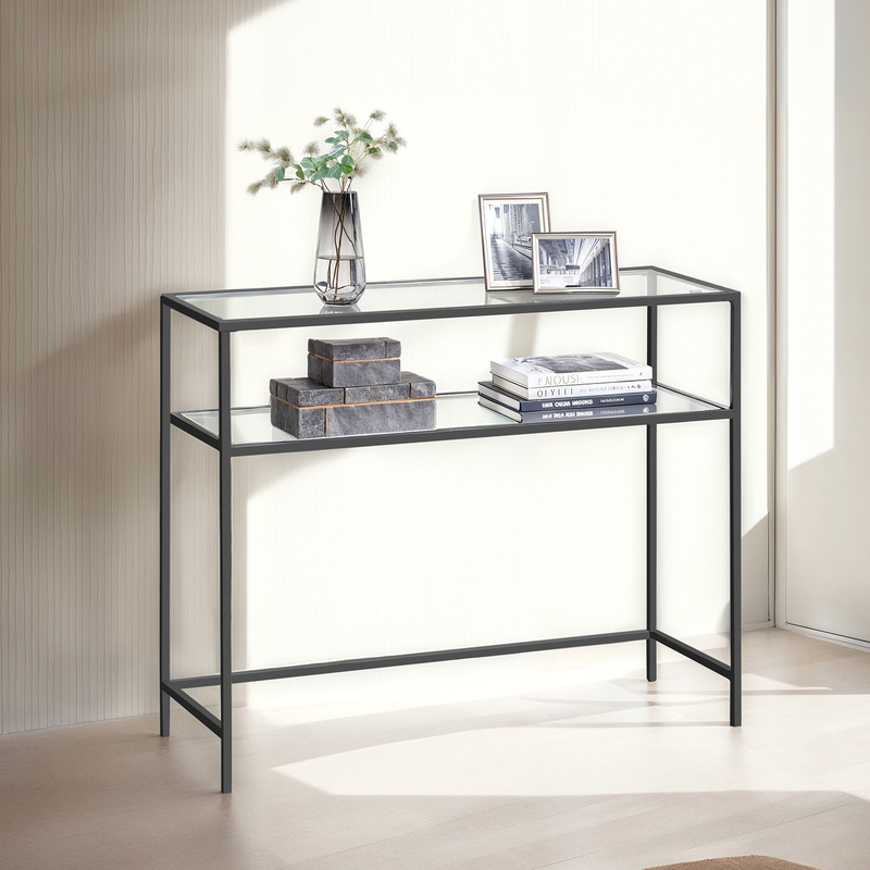 TEMU Console With 2 Shelves, Entryway Table, Sofa Side Table, Tempered Glass Top, Adjustable Feet, Black And Transparent