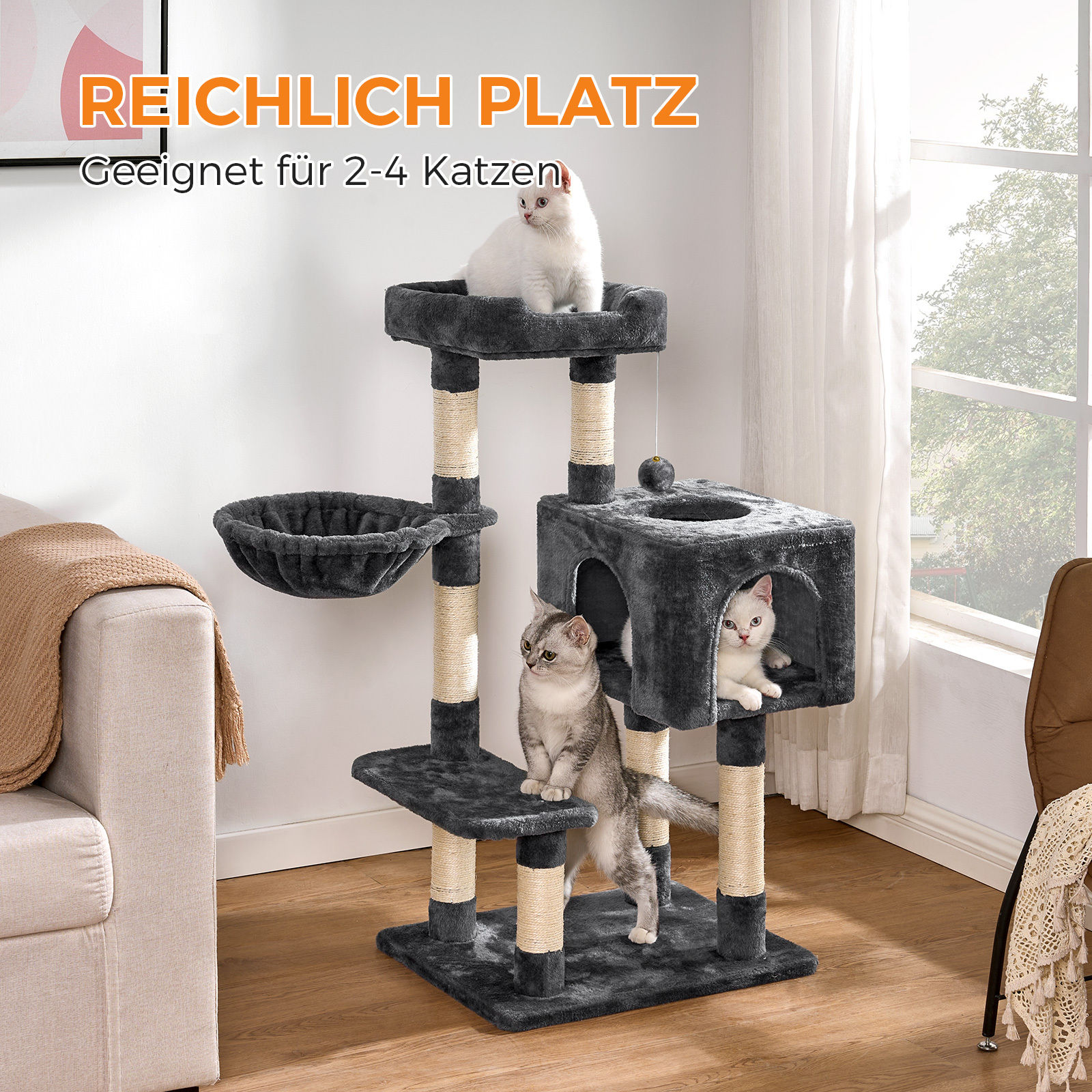 Image of Oak& Scratching Post & Bed Combo – Sisal Scratching Surface, Plush Sleeping Top, And Interactive Toy, Compact For Small Spaces