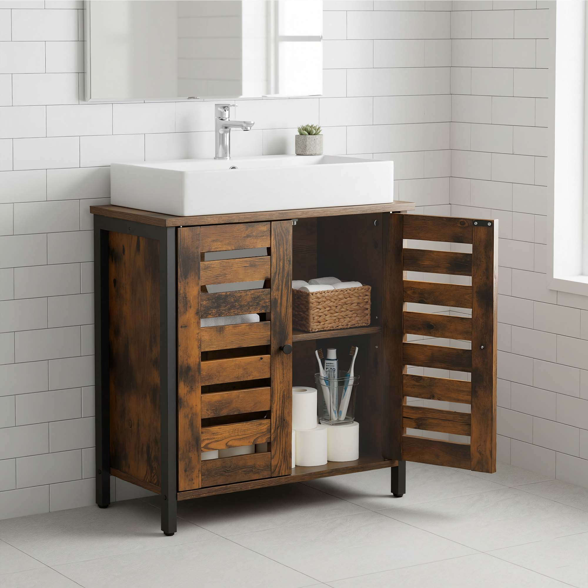 -black Bathroom Vanity, 30 X 60 X 60 Cm, With 2 Slatted Doors, Adjustable Shelf, Handles, Storage Cabinet
