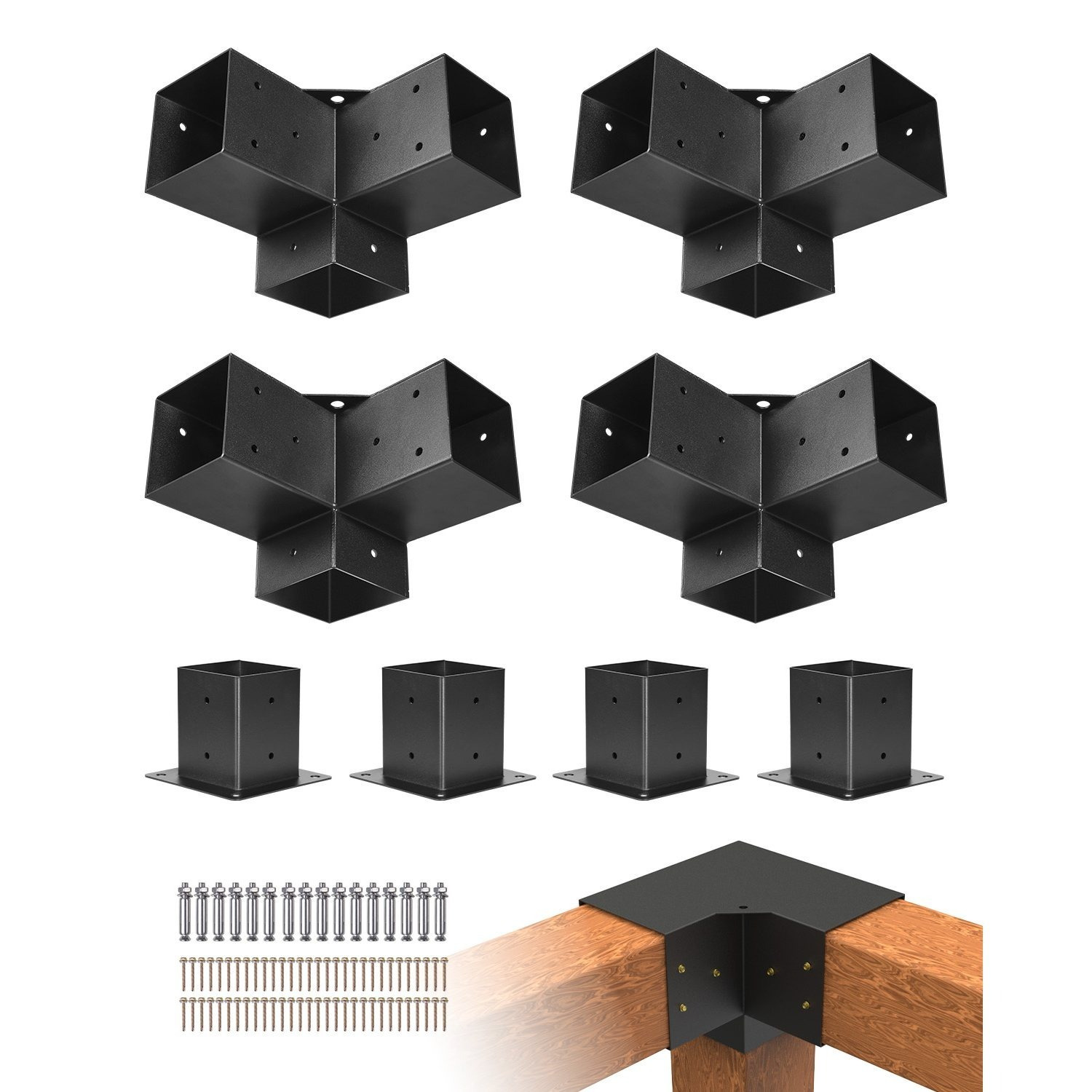 E-shop VEVOR Pergola Halterungsset, 4x4 Zoll (Innengröße 92 x 92 mm), 4 Stück 3-Wege Schwerlast Eckhalterung Holzbearbeitung DIY Pfostenbasis Set,