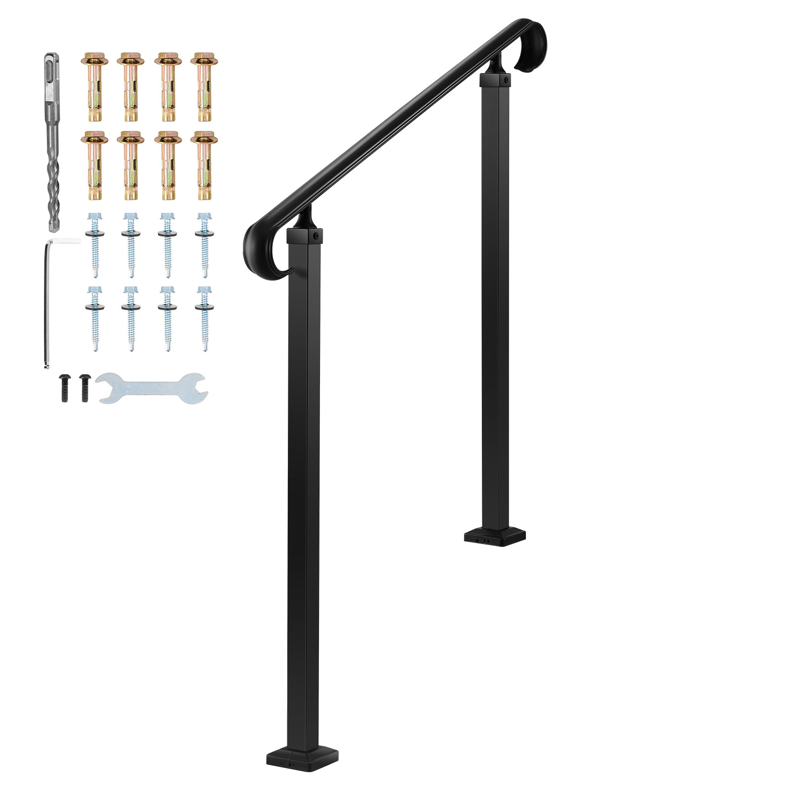 Image of Vevor Handrails For Outdoor Steps, 2-3 Step Adjustable Height, Carbon Steel Handrail With Installation Kit, Exterior Hand Railing For Steps, Concrete Or Wooden Stairs, Porch, Matte Black