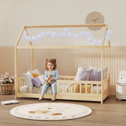 toddler bed kids single bed shaped solid pine wood with guard rails for kids boys and girls