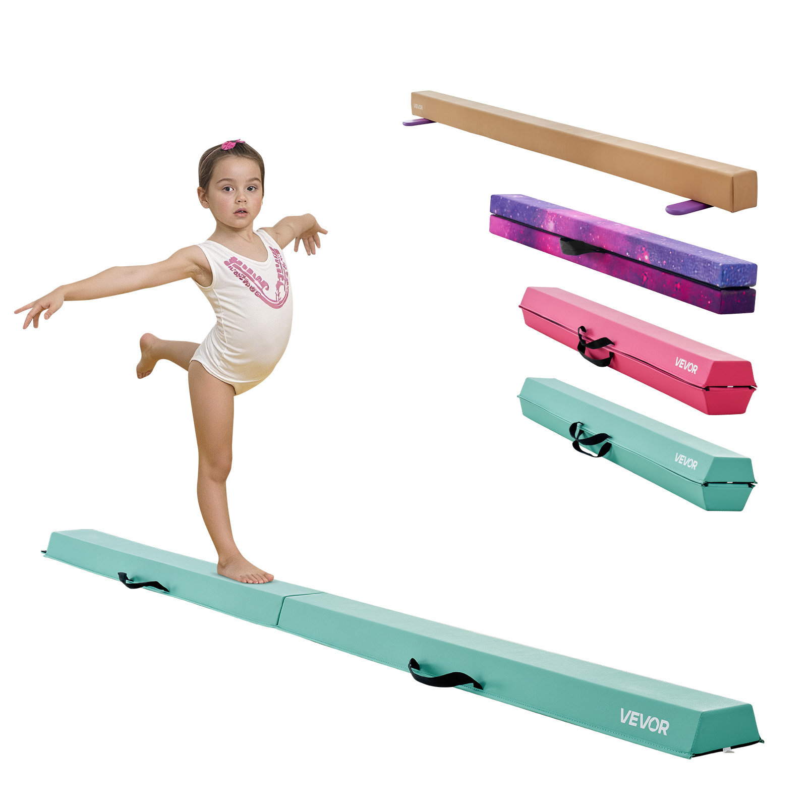 Image of Vevor 8ft Folding Balance Beam For Kids, 90.7 Kg Stable Support Gymnastics Floor Beam With Non-slip Mats, Gymnastics Training Equipment With Anti-slip Bottom And Carrying Bag For Home Gym, Mint Green