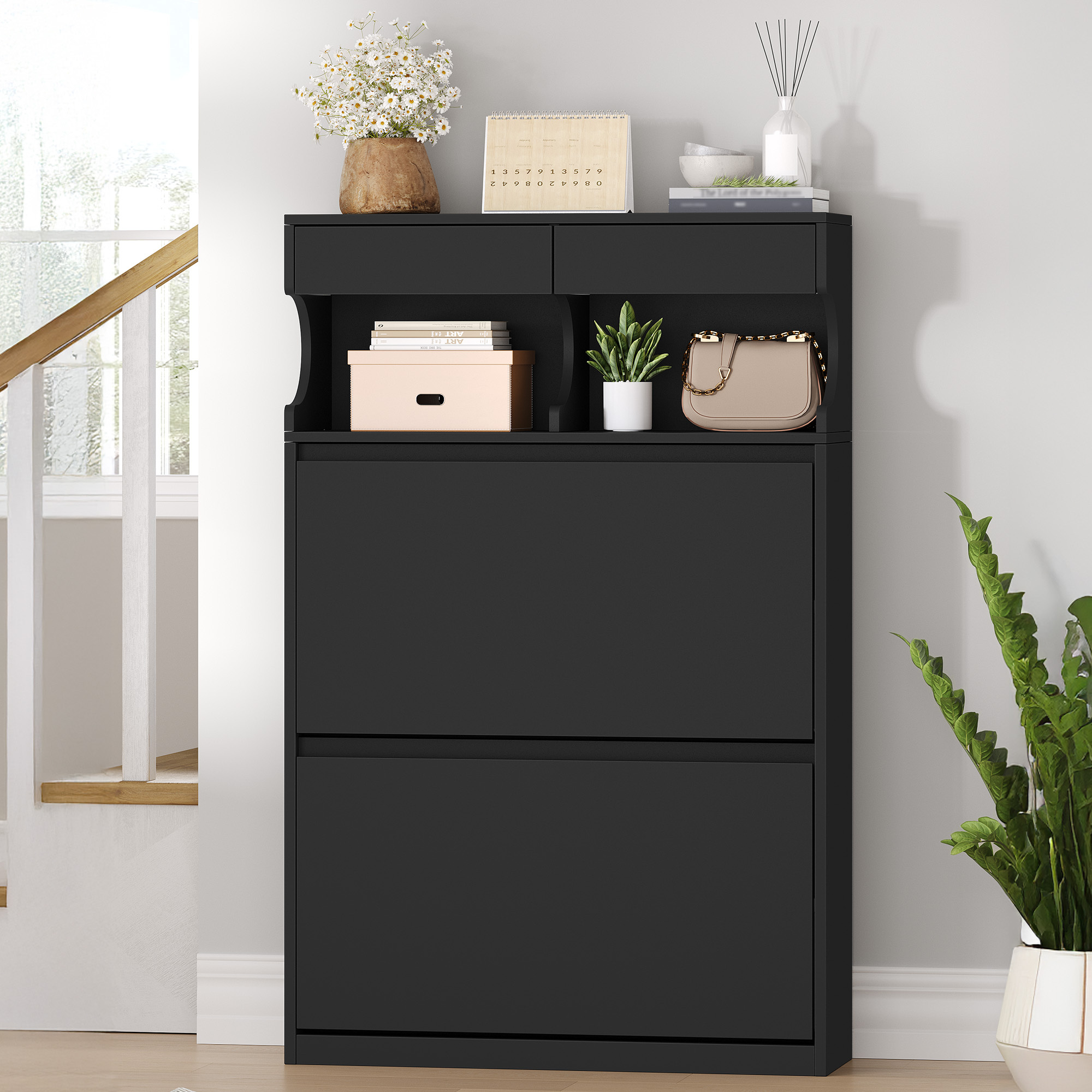 E-shop Schuhschrank mit 2 , Schuhregal Schuhkipper Schmal, 4 Fächern, Verstellbar, 16 Paar, Schuhaufbewahrung für Eingang, Flur, Garderobe, 80 x 24.5 x