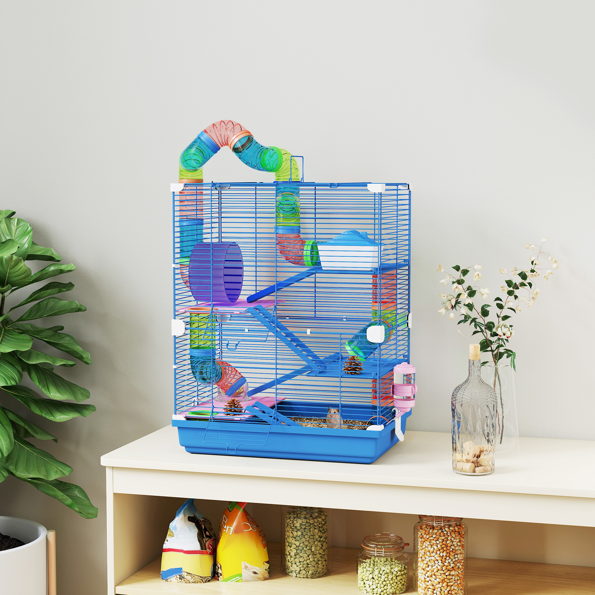 TEMU Pawhut 5 Tier Hamster Cage, Gerbil Cage With Tube Exercise Wheels, Tunnel, Water Bottle, Dishes, Blue, 58h X 46l X 30wcm