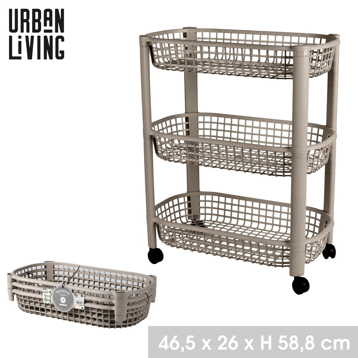 Image of Multipurpose Plastic Cart Urban Living Transport Cart 46.5 X 26 X 58.8 Cm Shelf Cart Mobile Shelf With 4 Wheels For Organization And Storage In Kitchen, Bathroom Or Hallway.