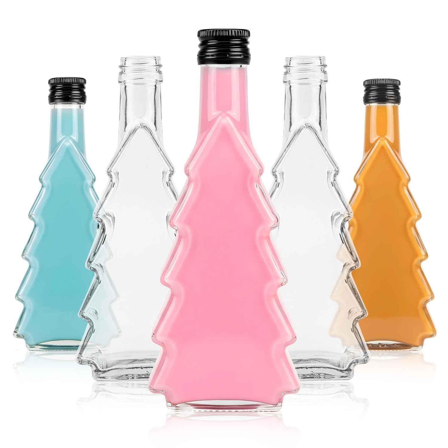 E-shop 5er-Set Glasflaschen in Form Weihnachtsbaums, 250 ml - Dekorative Weihnachtsflaschen für Infusionen, Vodka, Likör, Moonshine, Sirupe, Wein und