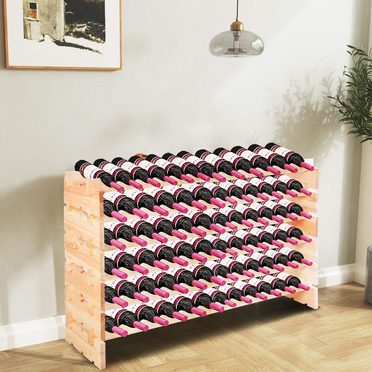 TEMU Étagère à Vin pour 72 Bouteilles, Bois de Pin , 6 Étagères Modulaires Installation DIY, Style Naturel