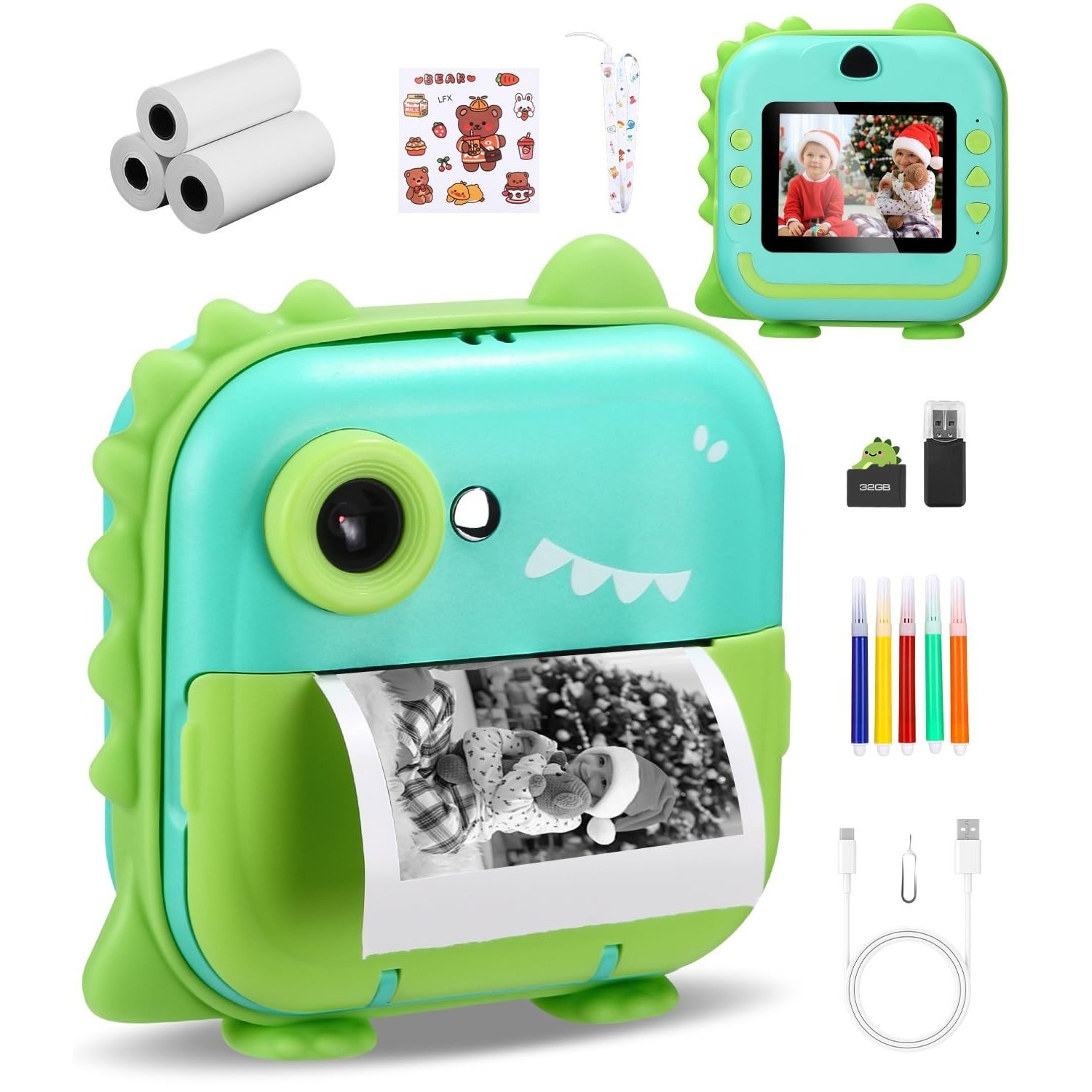 E-shop Kinderkamera Sofortbildkamera, Digitalkamera für Kinder,mit 1080P HD-Bildschirm, 32GB TF-Karte, 5 Farbstiften und USB-Kartenleser,für Kinder von