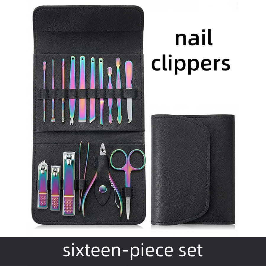 16pcs stainless steel nail care set including straight edge nail file and ear scoop   professional travel grooming kit 6 colors  