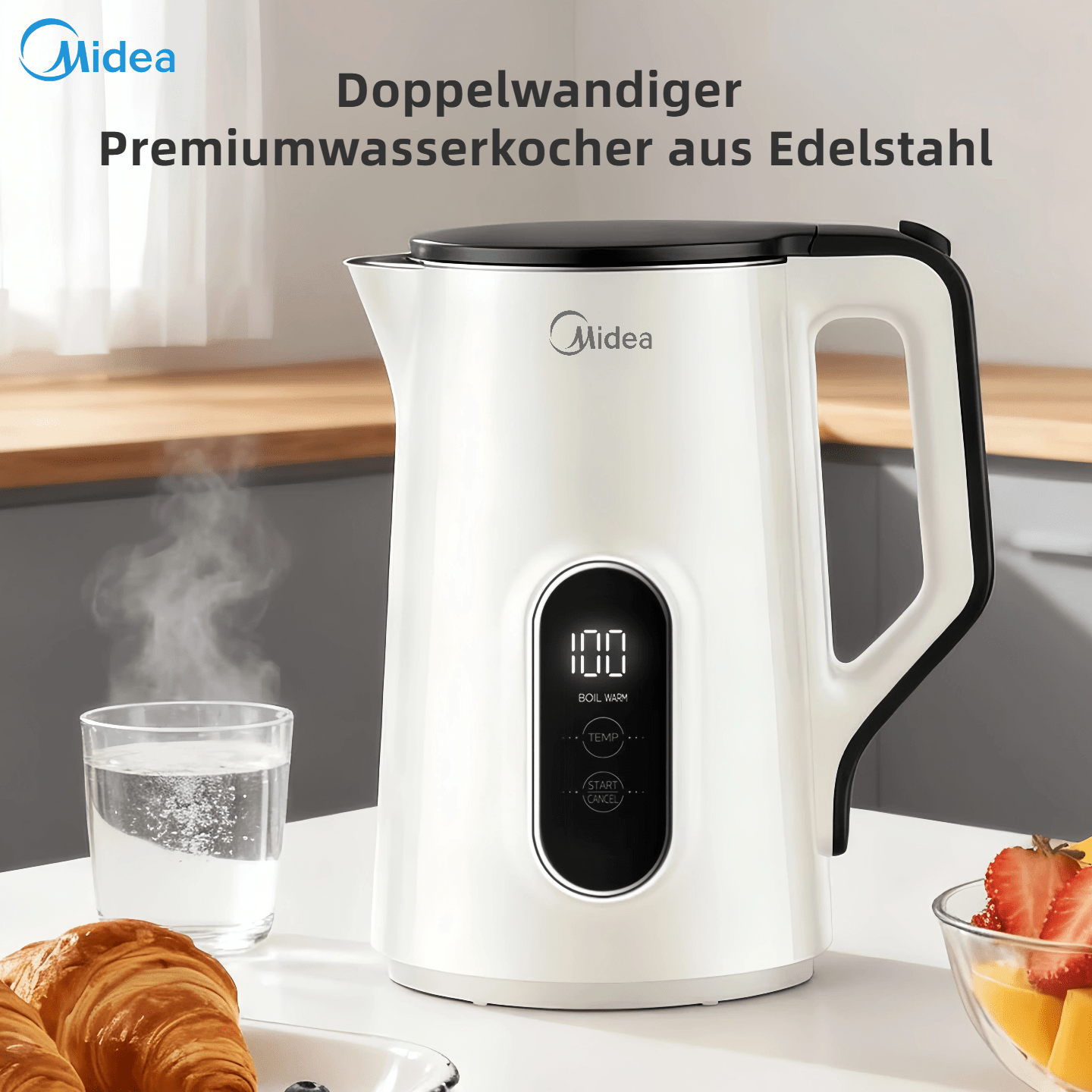 E-shop Midea Elektrischer Wasserkocher 1,5 Liter, 2200W Heißwasserbereiter mit Temperatur-Display, Doppelwandiger Edelstahl Teekocher, Sicherer