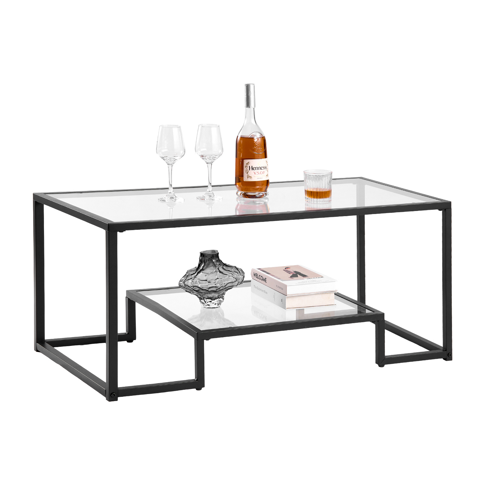 Image of Vevor Coffee Table, Modern Tempered Glass Coffee Table, 2 Tiers Rectangle Desk With Open Storage, Minimalist Sturdy Metal Frame Accent End Desk For Living Room, Office, Easy Assembly