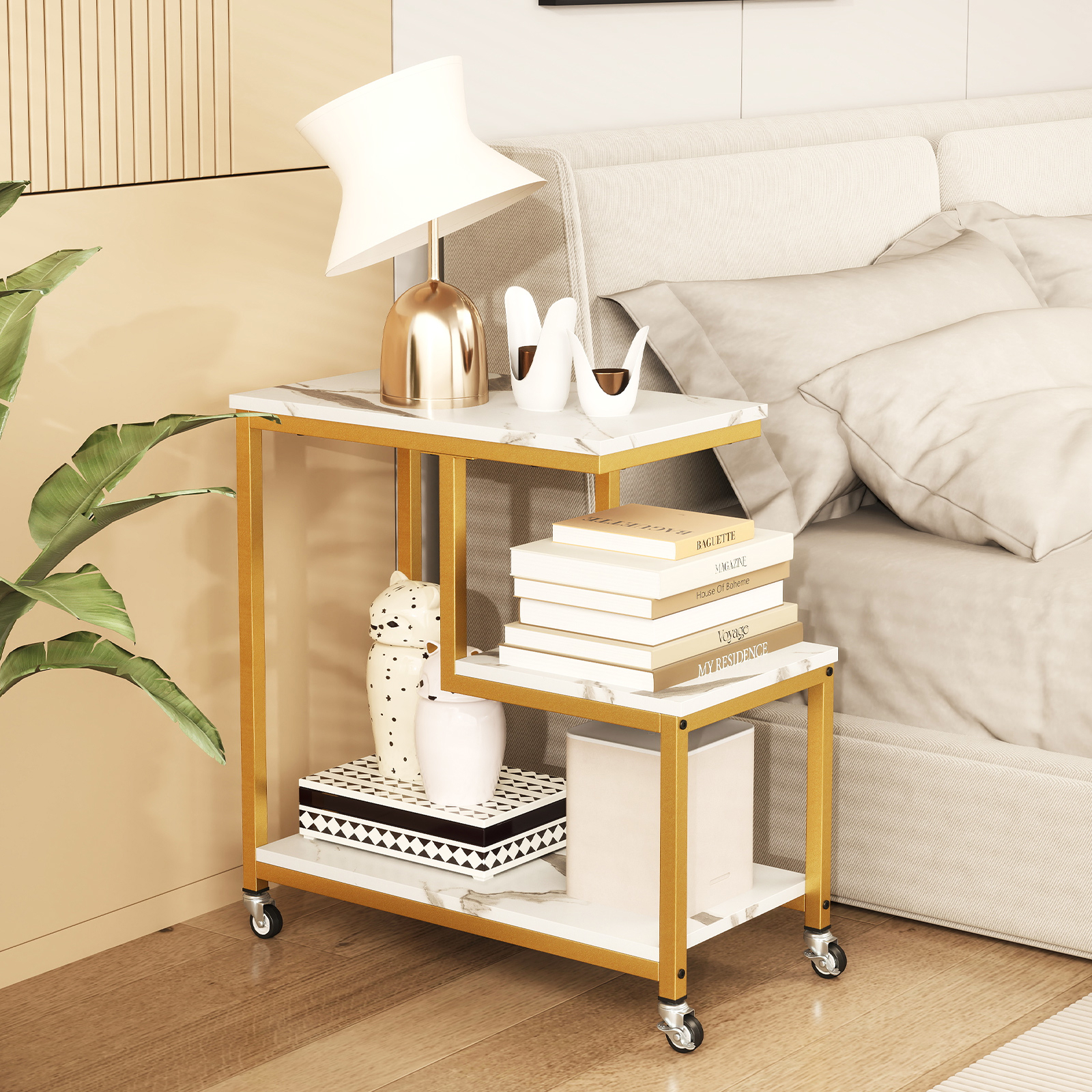 G-shaped Side Table, 3-tier Mobile End Table With Open Shelves, Small Sofa Couch Side Table With Lockable Casters