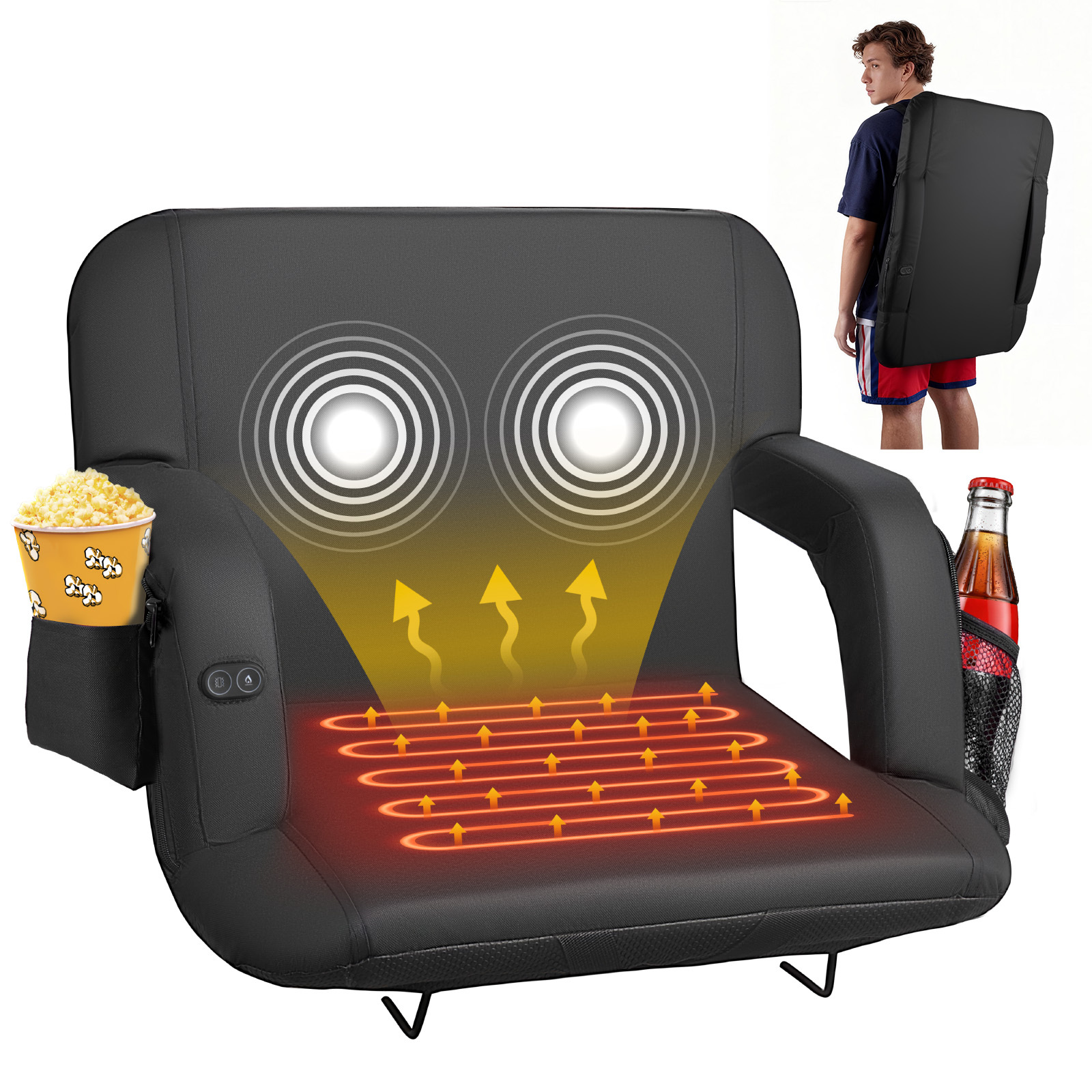 Vevor Stadium Seat, 635mm Heated , Seat Heated With 4 Pockets For , 3 Level Heating & 6 Vibration Portable Heating Chair For Camping, Sports Events