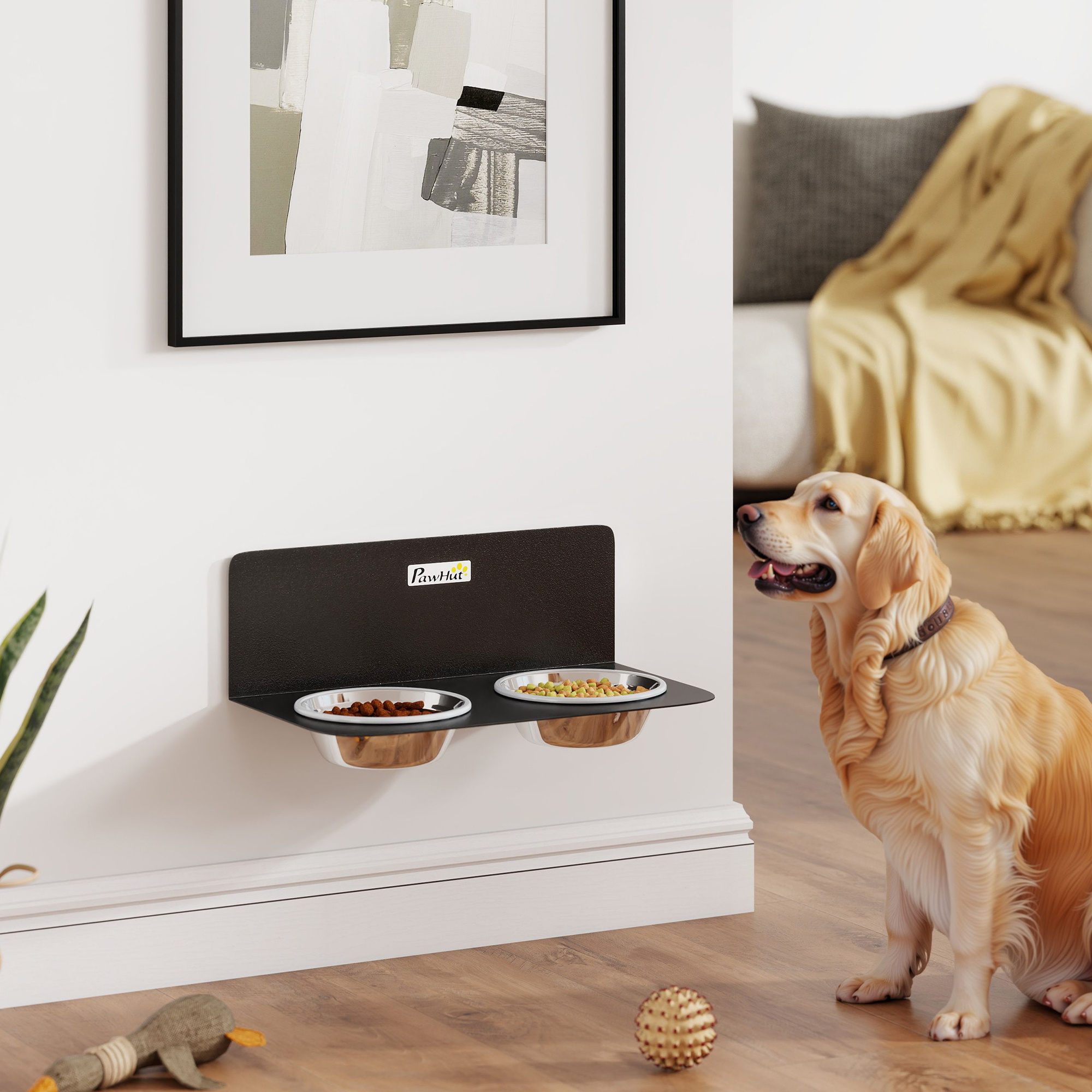 Image of Adjustable Height Wall-mounted Dog Bowl With 2 X 800ml Stainless Steel Bowls, Feeding Station For Small, Medium, Large Dogs, Black