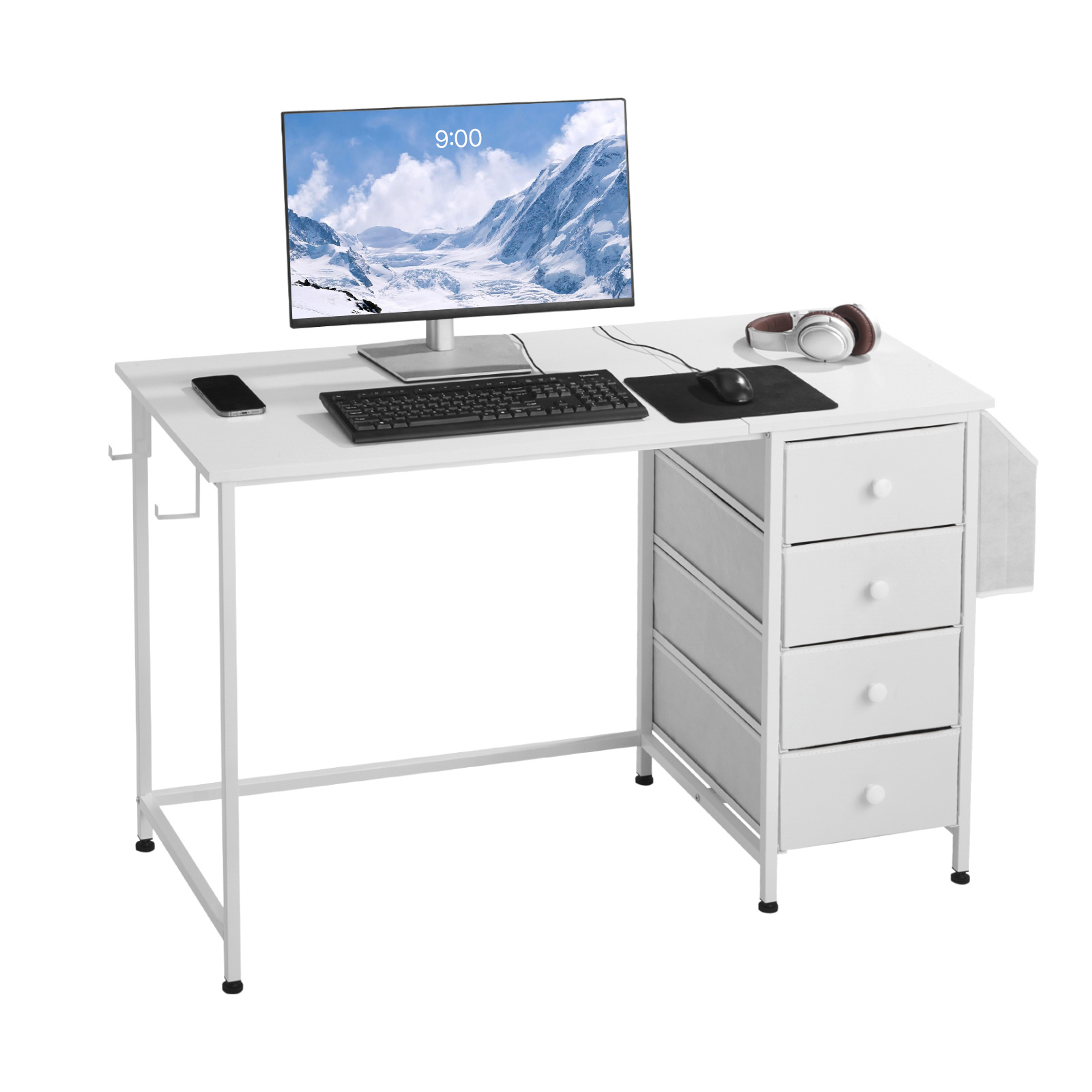 Image of Vevor Computer Desk With Fabric Drawers, 120 Cm Reversible Writing Desk For Modern Home Office Bedroom, Simple Modern Cute Pc Table Metal Frame Business Furniture, White