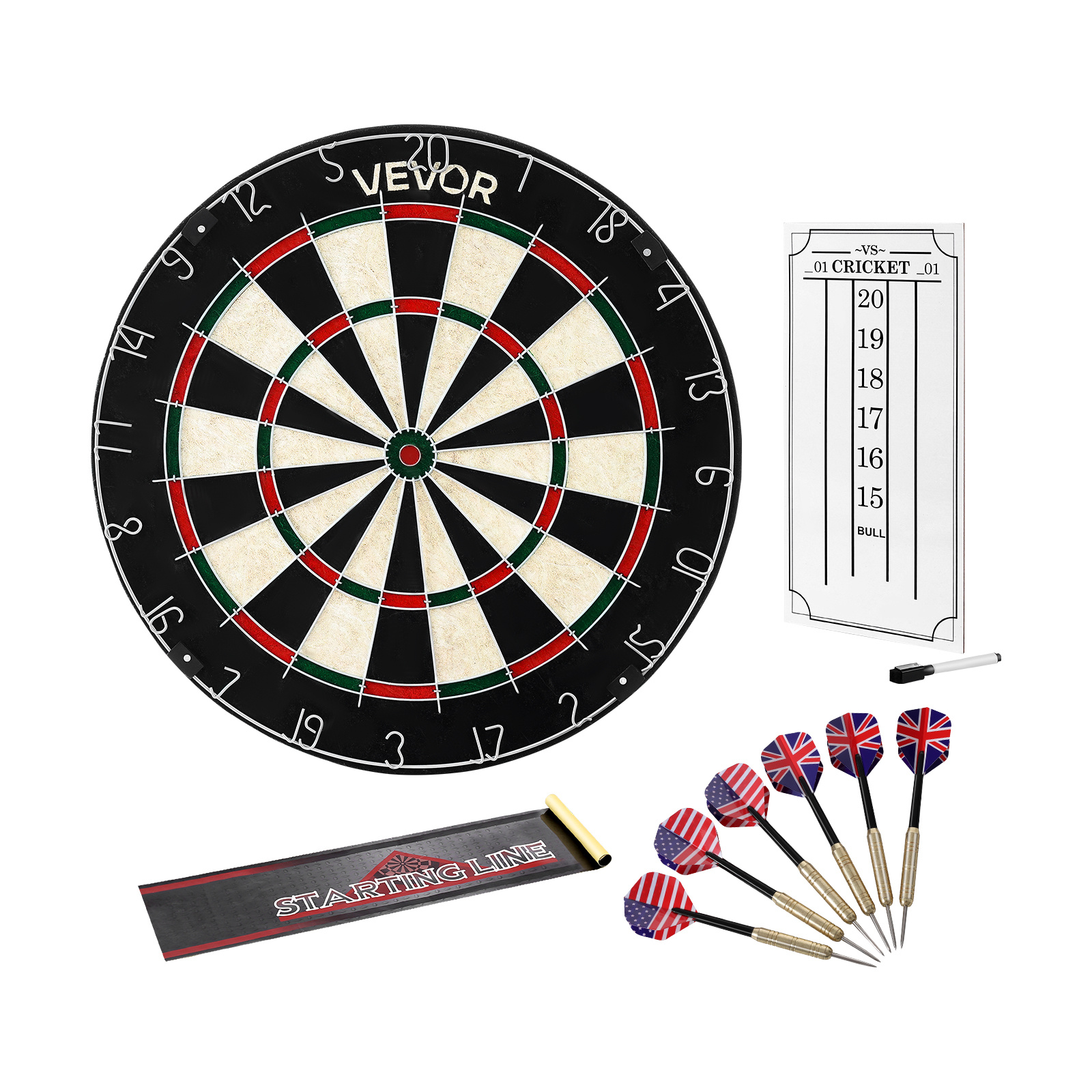Image of Vevor Dartboard With 6 Darts & Scoring Kit, Self- Sisal Fibers Dartboard With Staple-free & Rotating Number Ring, 17.7" Professional Steel Tip Dart Board Set For Home Party Game Rooms