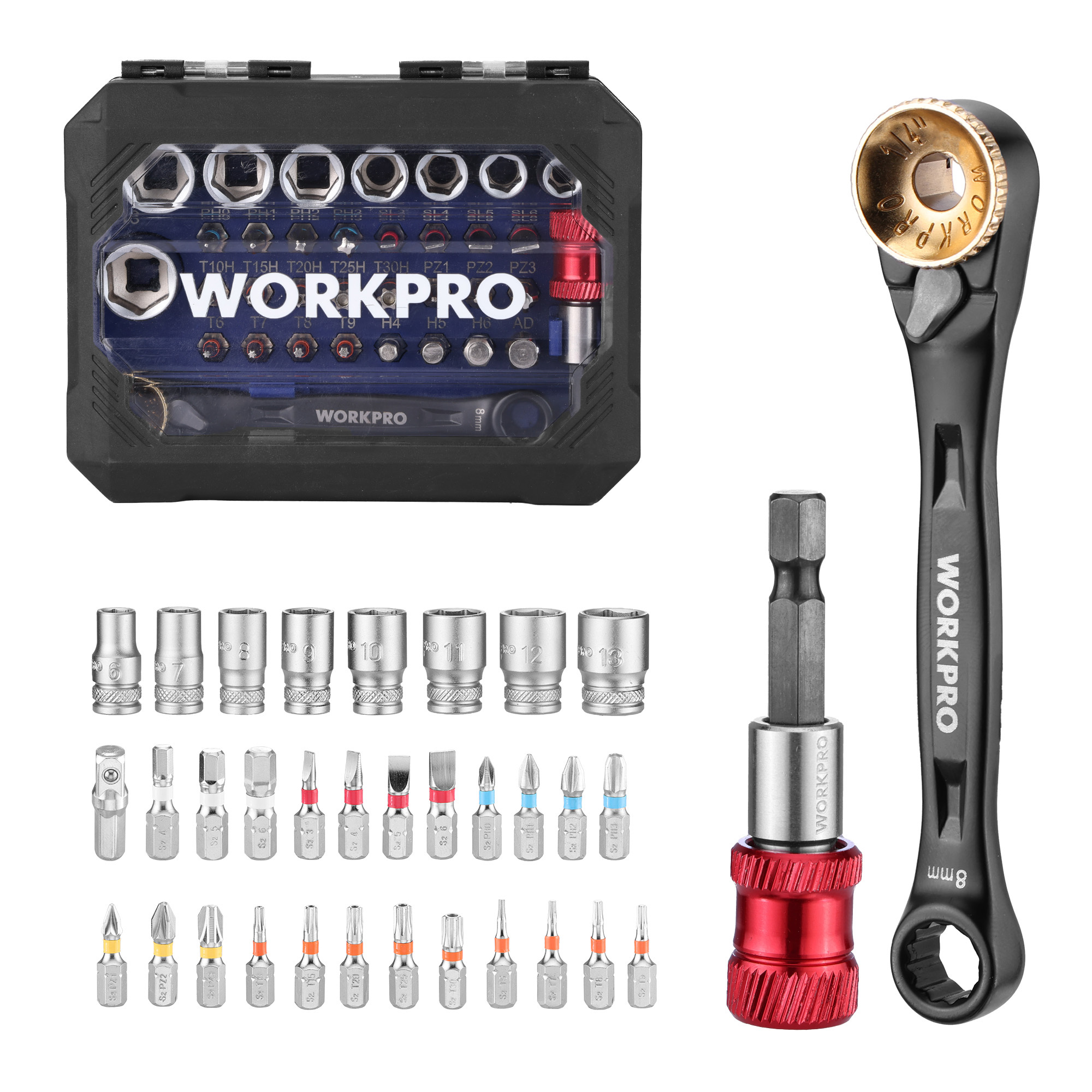 Image of Workpro 34pcs Socket Wrench Set 1/4" Drive, Mini Ratchet Wrench With 3-in-1 Dual Head, Magnetic Bit Holder And Adapter, S2 Steel Screwdriver Bits