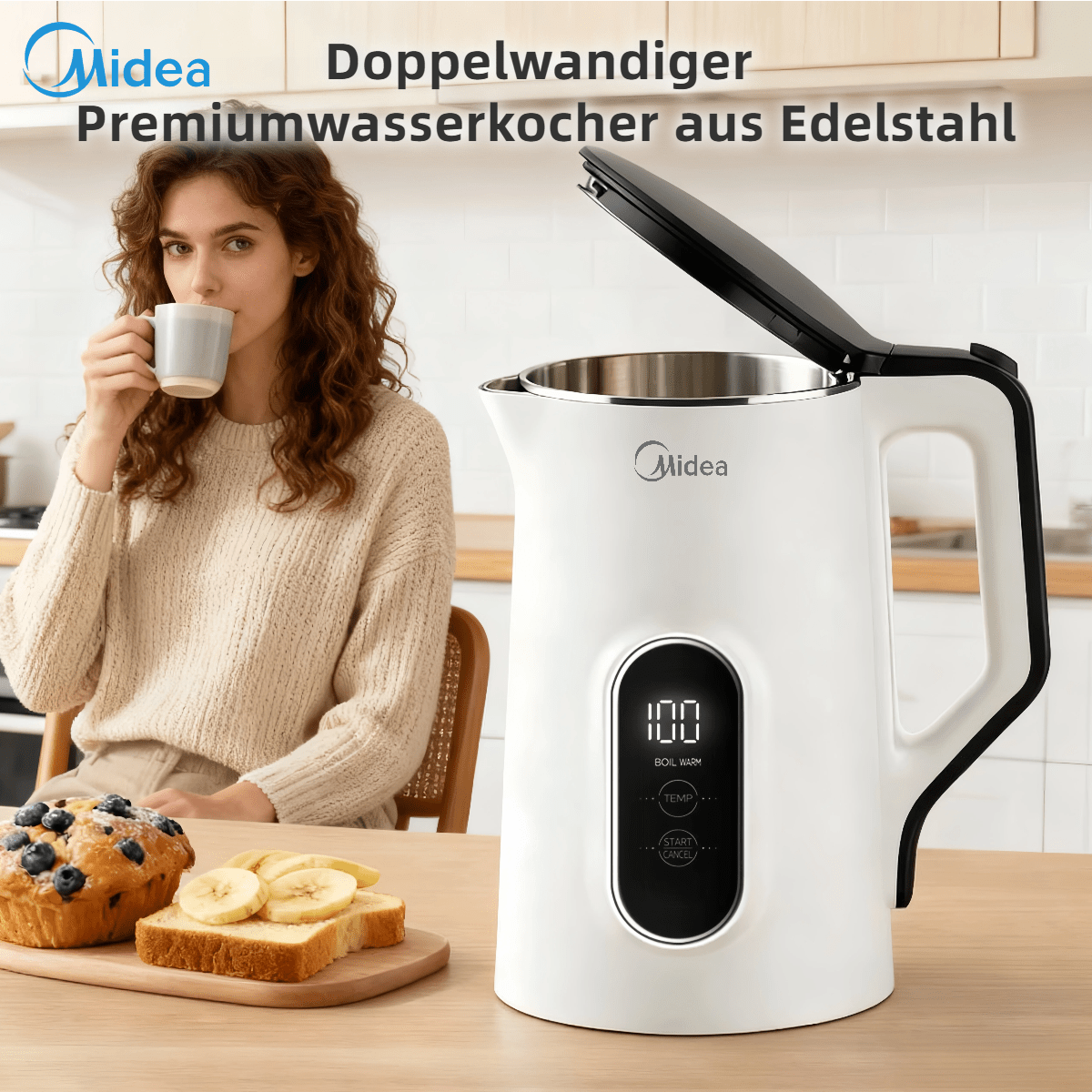 E-shop Midea 1,5-Liter-Wasserkocher mit Edelstahl-Innenbehälter, 2200 W leistungsstarke Schnellaufheizung, digitale Temperaturanzeige, doppelwandige